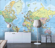 3D World Map  Blue Background Wall Mural Wallpaper 84- Jess Art Decoration