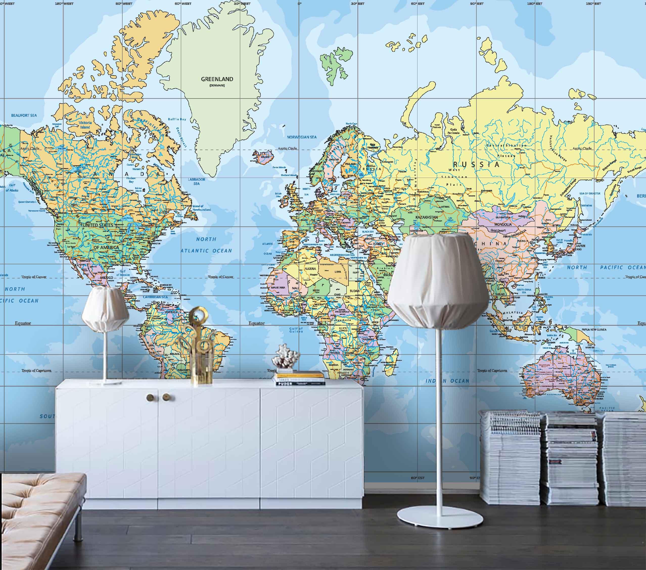 3D Blue World Map Wall Mural Wallpaper LQH 85- Jess Art Decoration