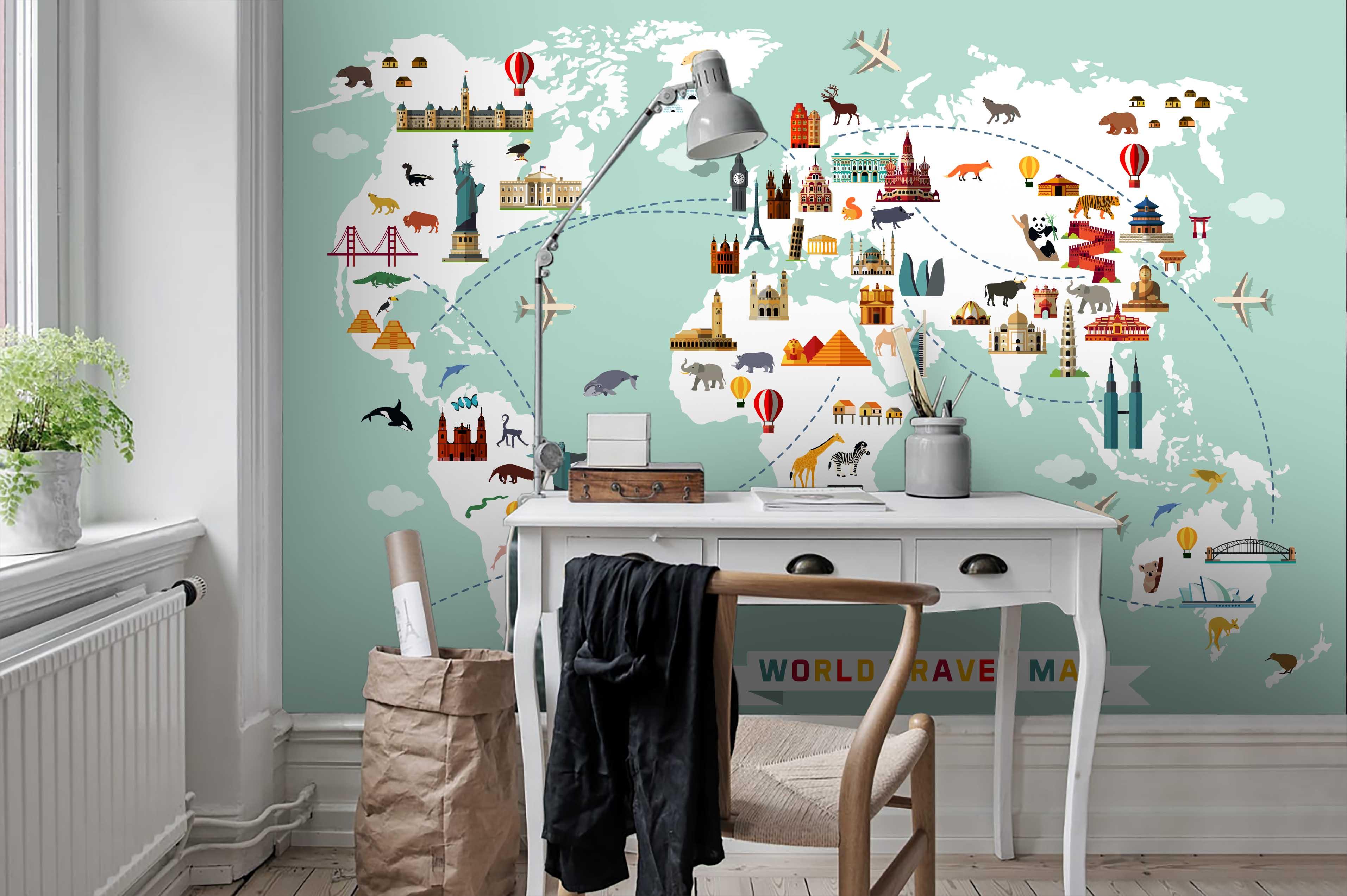 3D Hand Drawn World Map Cartoon Animals Historic Sites Vehicles Wall Mural Wallpaper GD 1799- Jess Art Decoration
