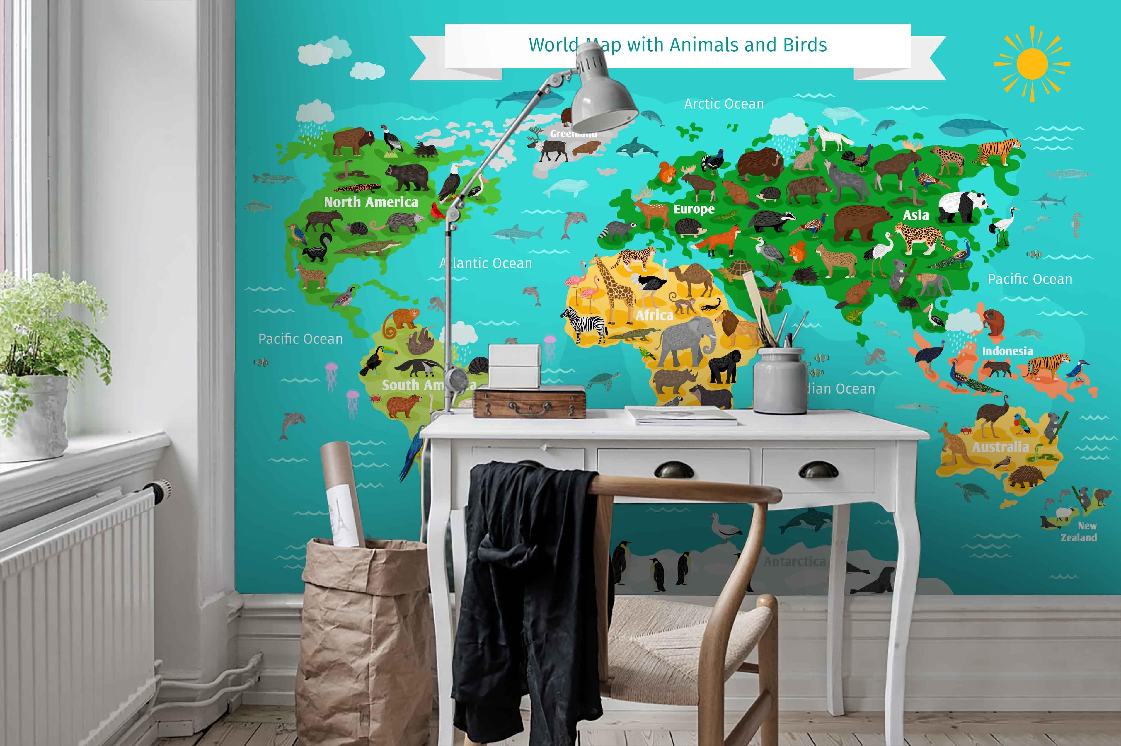 3D Cartoon World Map Green Background Wall Mural Wallpaper 80- Jess Art Decoration