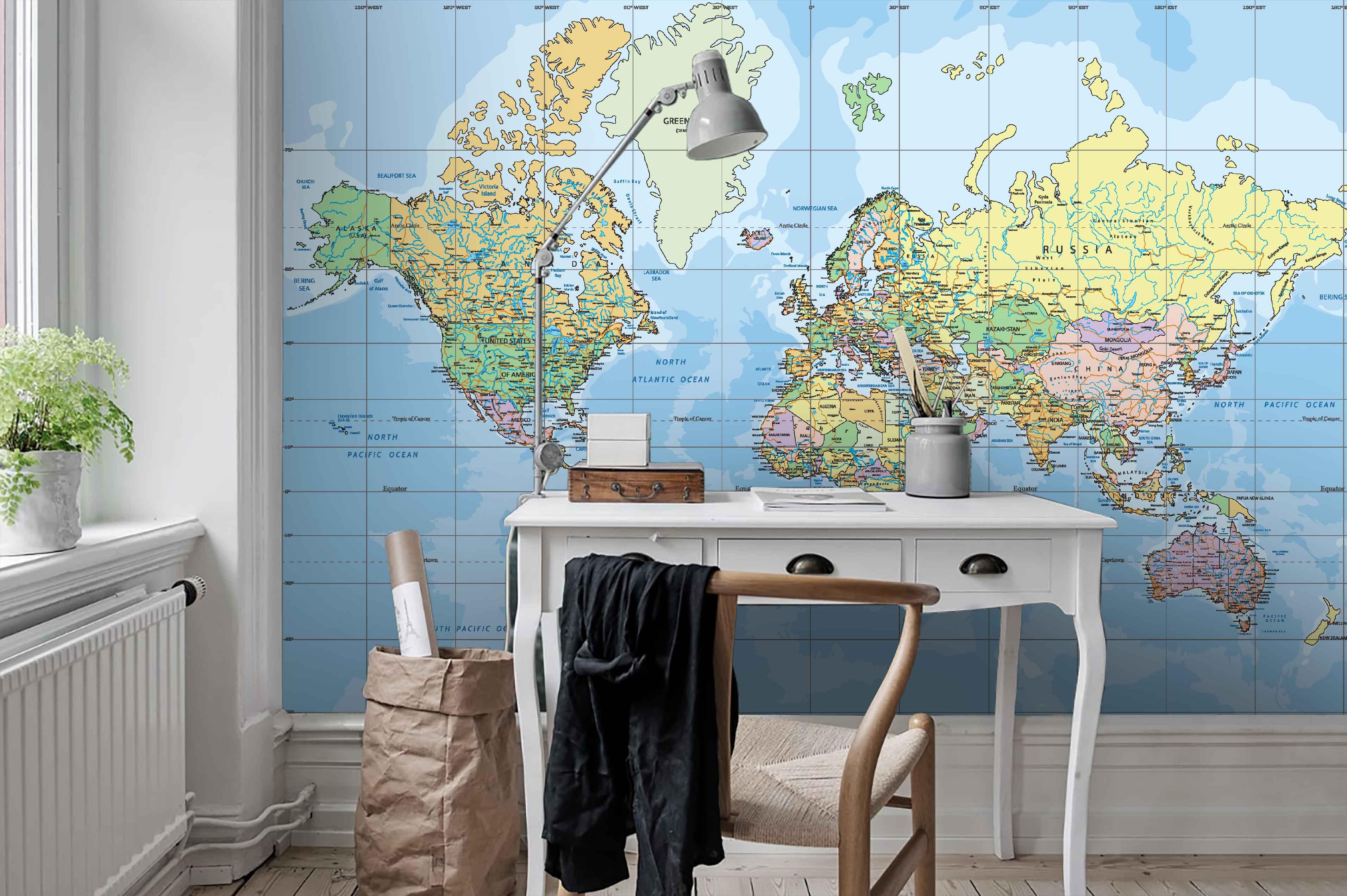 3D Blue World Map Wall Mural Wallpaper LQH 85- Jess Art Decoration