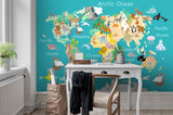 3D Cartoon Animal World Map  Blue Background Wall Mural Wallpaper 83- Jess Art Decoration