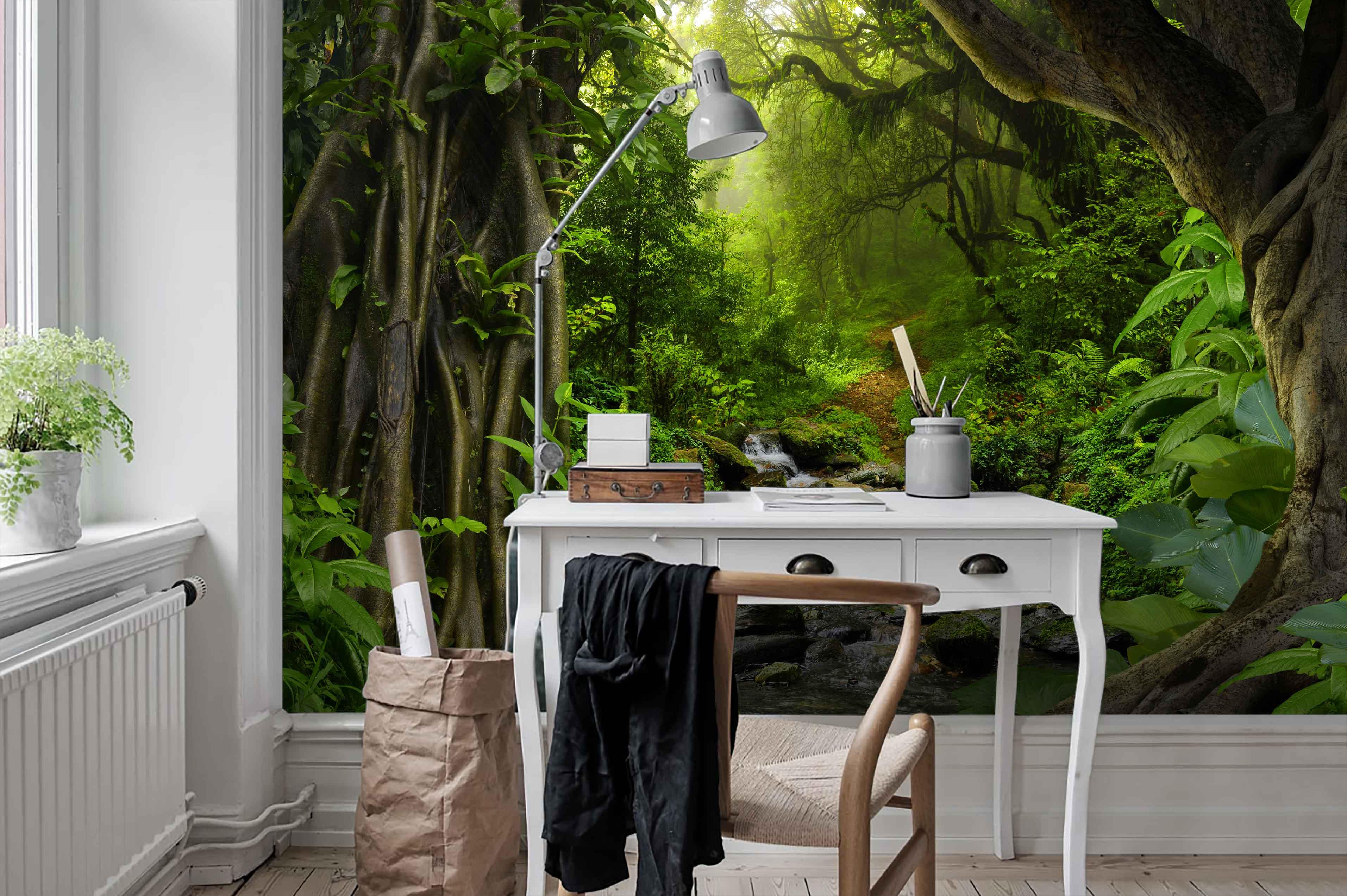 3D Hand Drawn Tropical Virgin Forest Deep Green Plant Creek Wall Mural Wallpaper GD 1816- Jess Art Decoration