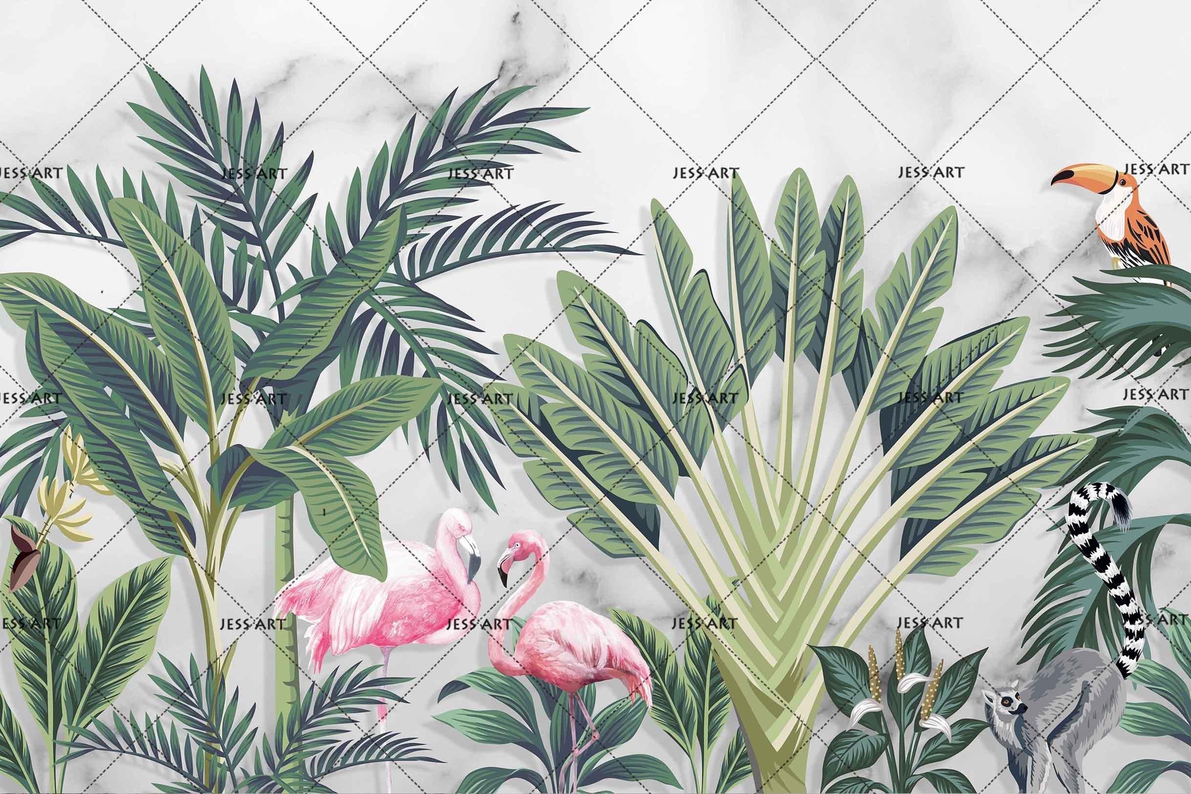 3D Tropical Jungle Flamingo Wall Mural Wallpaper LQH 115- Jess Art Decoration