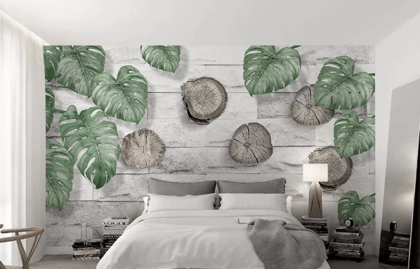 3D Brick Wall Root Annual Ring Leaves Wall Mural Wallpaper 408- Jess Art Decoration