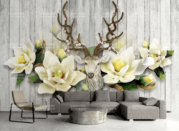 3D Blossom Elk Magnolia Wall Mural Wallpaper 509- Jess Art Decoration