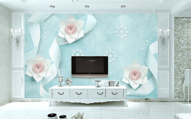 3D Blue Paper Art Floral Ribbon Wall Mural Wallpaper 445- Jess Art Decoration