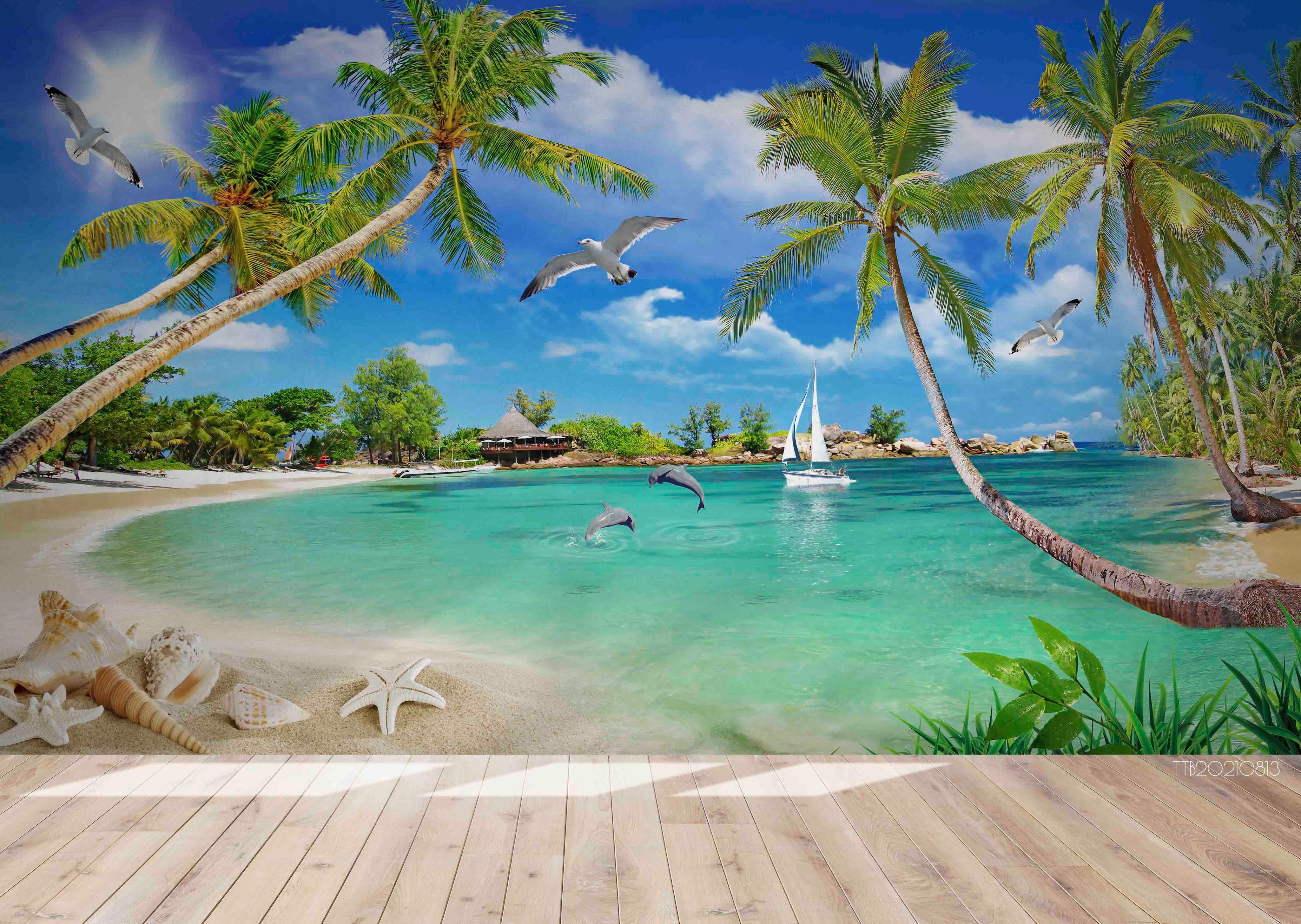3D Tropics Coconut Trees Sea View Wall Mural Wallpaper 5119- Jess Art Decoration