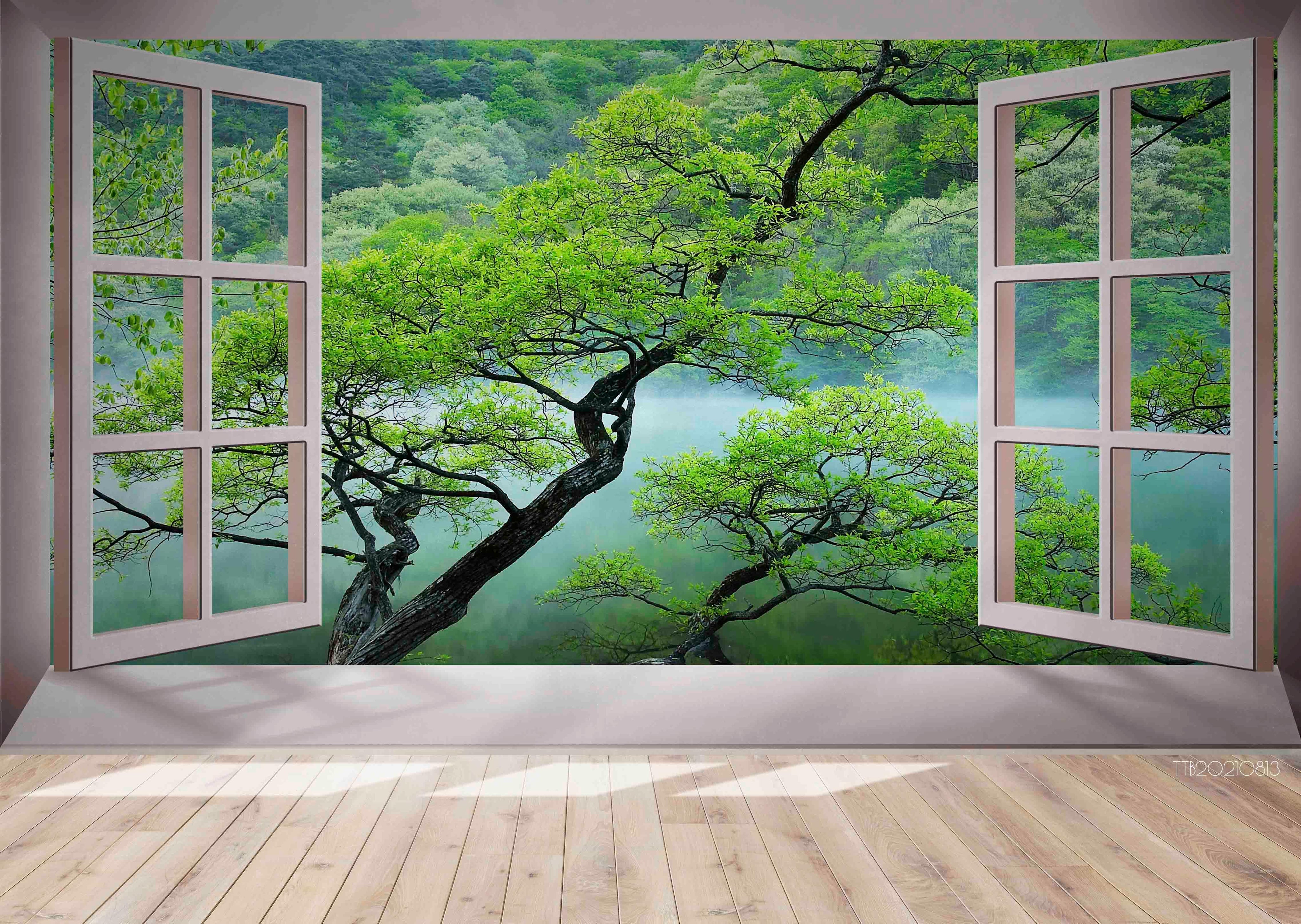 3D Window Forest Lakes Tree Wall Mural Wallpaper SWW5117- Jess Art Decoration