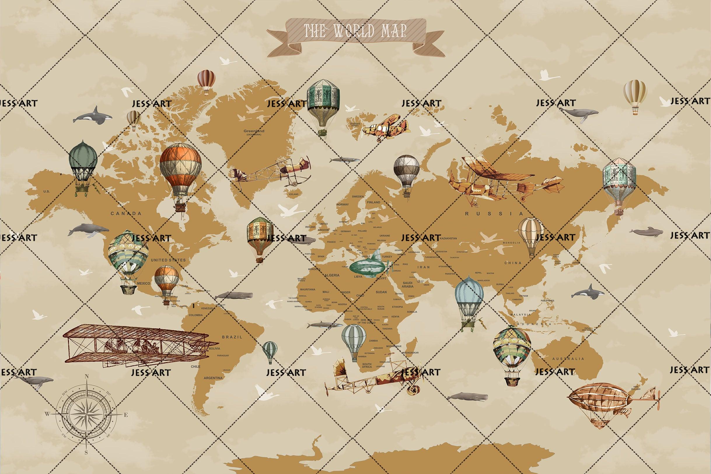 3D World Map Hot Air Balloon Wall Mural Wallpaper SF78- Jess Art Decoration