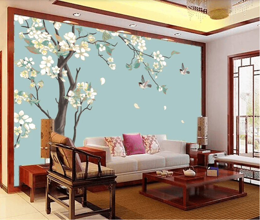 3D Blue Blossom Tree Bird Wall Mural Wallpaper 2000- Jess Art Decoration