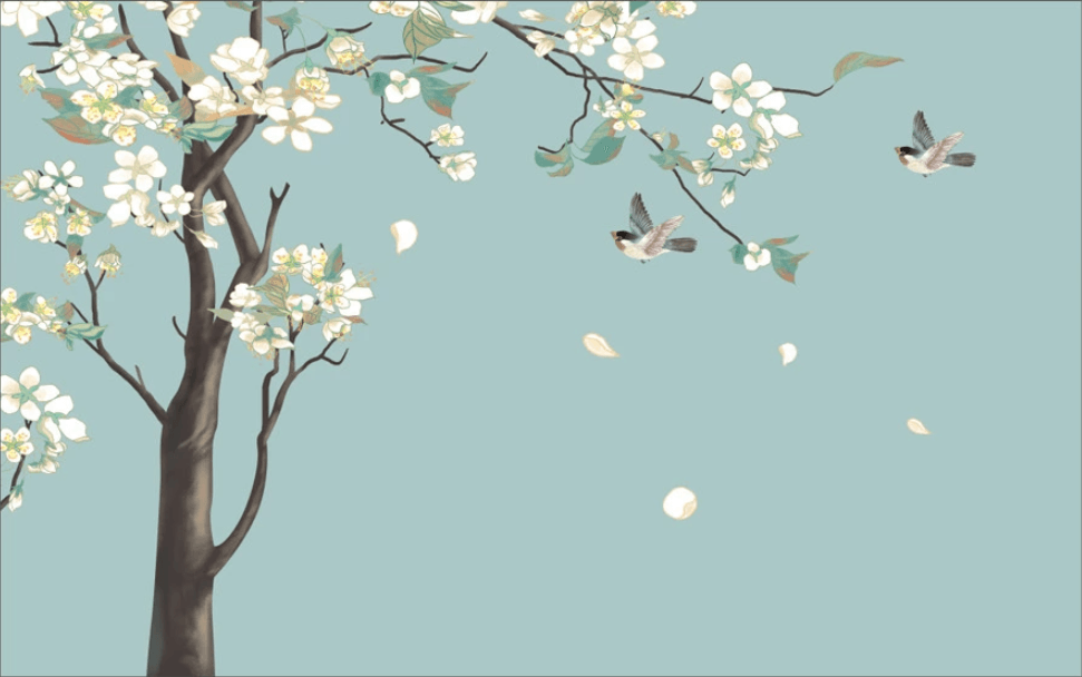 3D Blue Blossom Tree Bird Wall Mural Wallpaper 2000- Jess Art Decoration