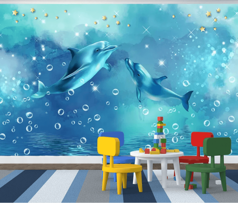 3D Blue Dolphin Wall Mural Wallpaper 1965- Jess Art Decoration