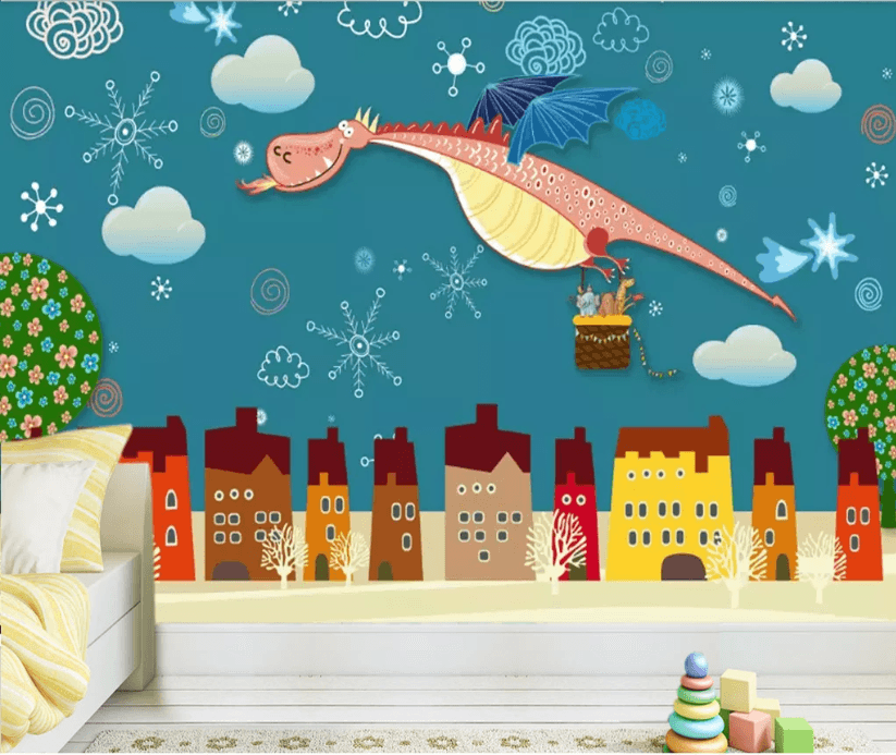3D Cartoon Pterosaur City Building Sky Snowflake Wall Mural Wallpaper 1953- Jess Art Decoration