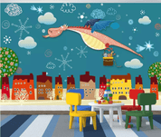 3D Cartoon Pterosaur City Building Sky Snowflake Wall Mural Wallpaper 1953- Jess Art Decoration