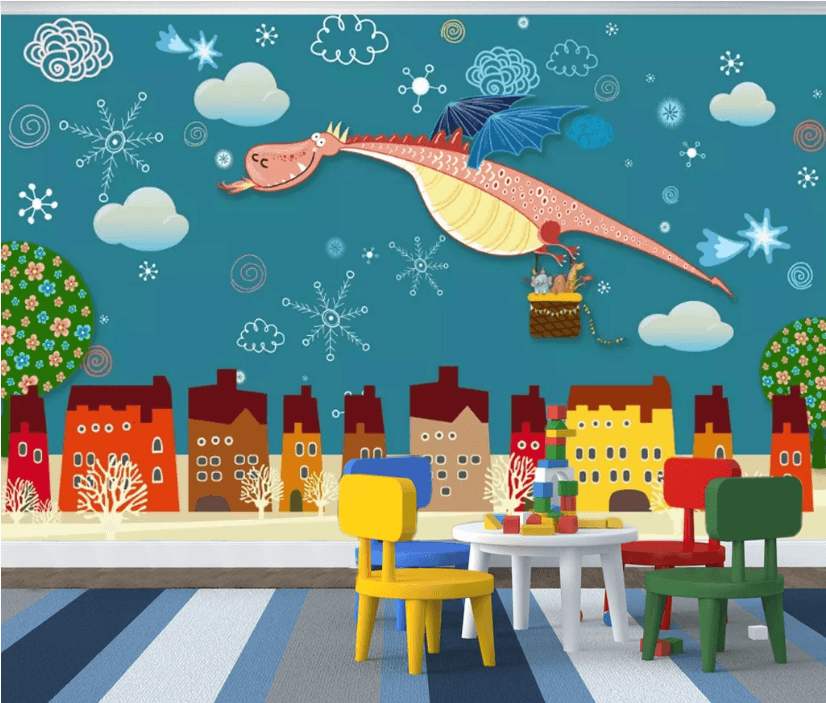 3D Cartoon Pterosaur City Building Sky Snowflake Wall Mural Wallpaper 1953- Jess Art Decoration