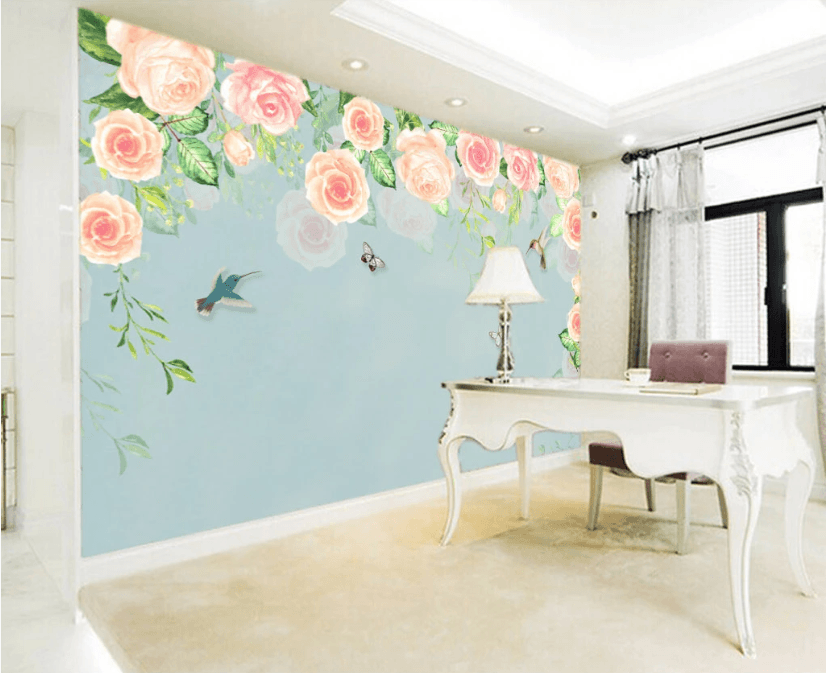 3D Blue Flower Bird Wall Mural Wallpaper 1787- Jess Art Decoration