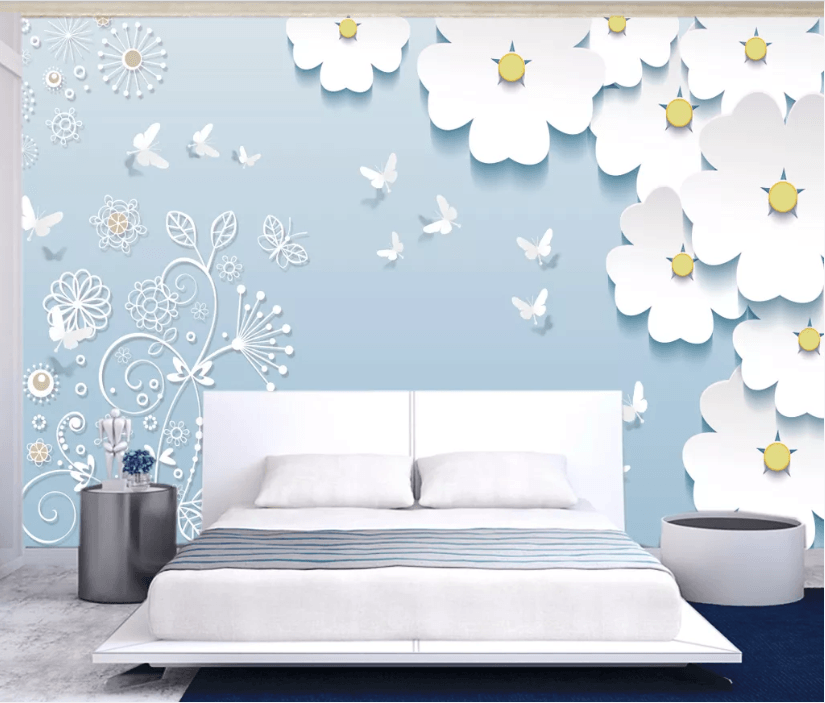3D Blue Floral Butterfly Wall Mural Wallpaper 1733- Jess Art Decoration