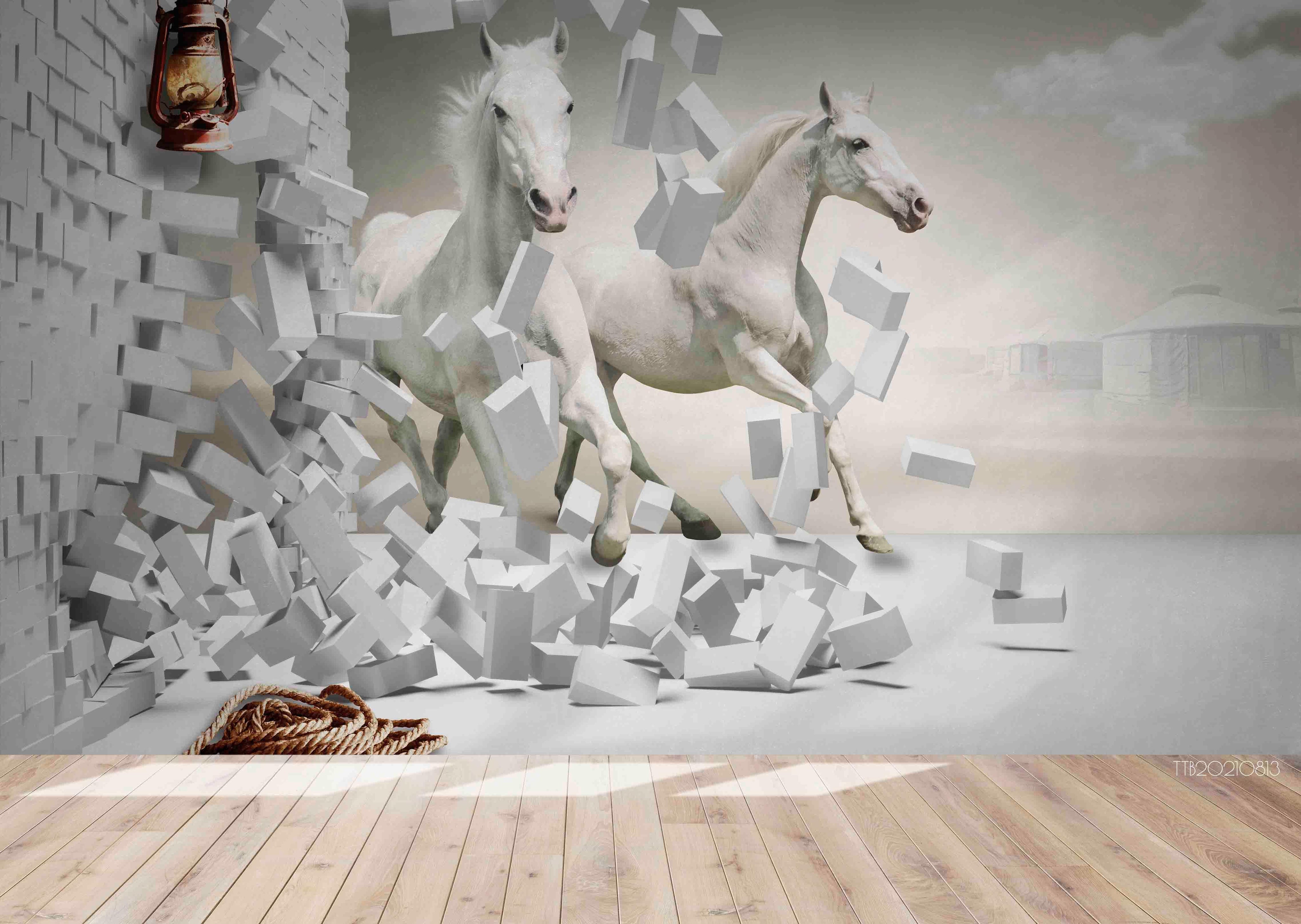 3D Stereo White Horse Brick Wall Mural WallpaperSWW5136- Jess Art Decoration