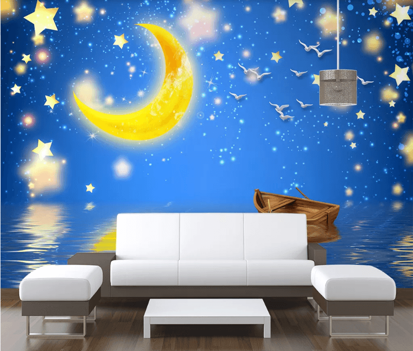 3D Blue Star Sky Moon Boat Bird Wall Mural Wallpaper 2447- Jess Art Decoration
