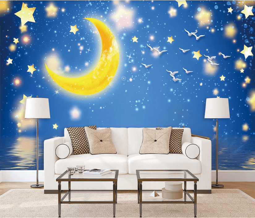 3D Blue Star Sky Moon Boat Bird Wall Mural Wallpaper 2447- Jess Art Decoration
