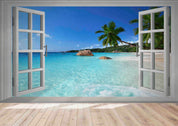 3D Window Sea View Beach Coconut Ttrees Wall Mural Wallpaper 5134- Jess Art Decoration