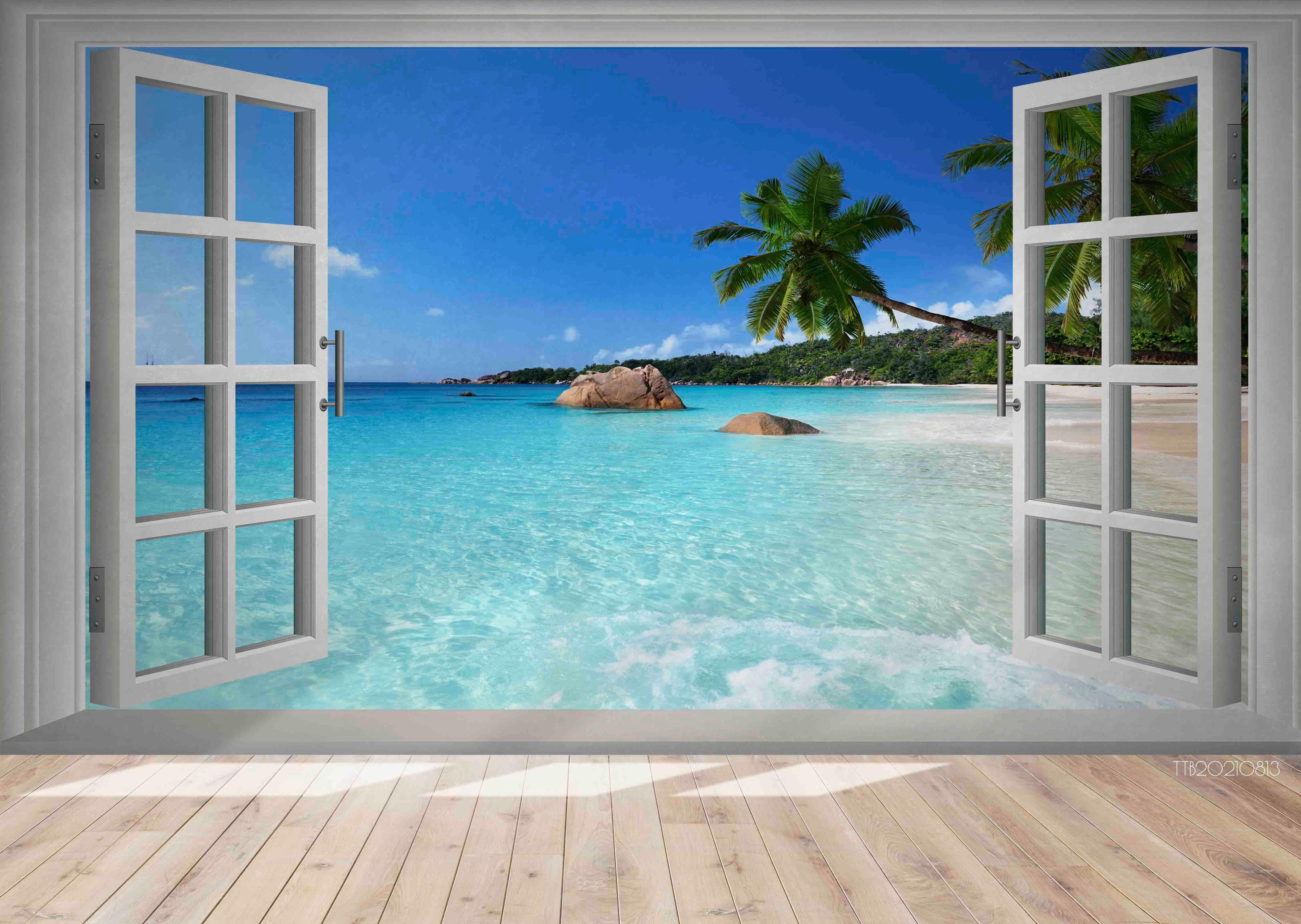 3D Window Sea View Beach Coconut Ttrees Wall Mural Wallpaper 5134- Jess Art Decoration