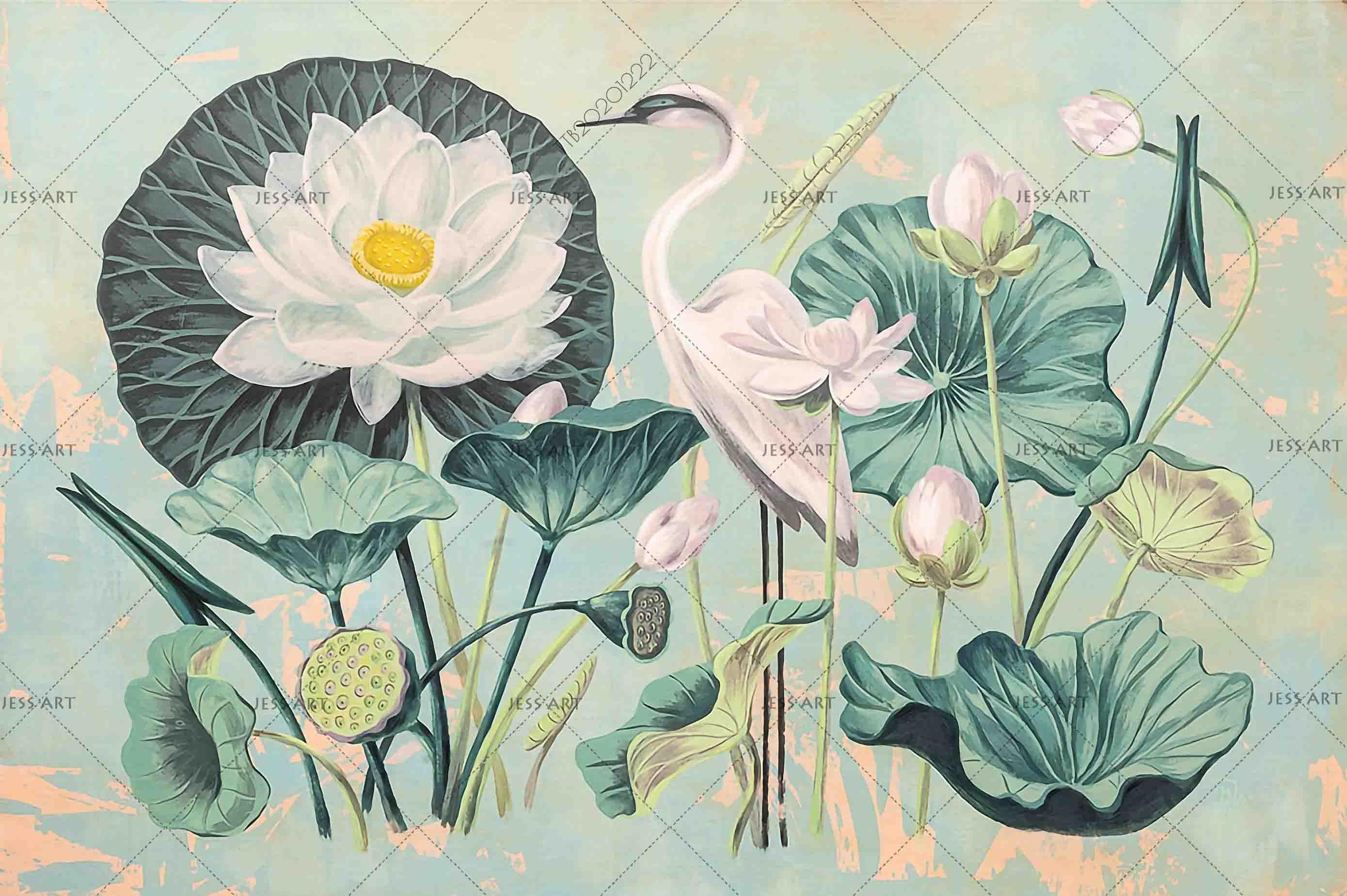 3D Hand Drawn Lotus White Crane Wall Mural Wallpaper LQH 127- Jess Art Decoration