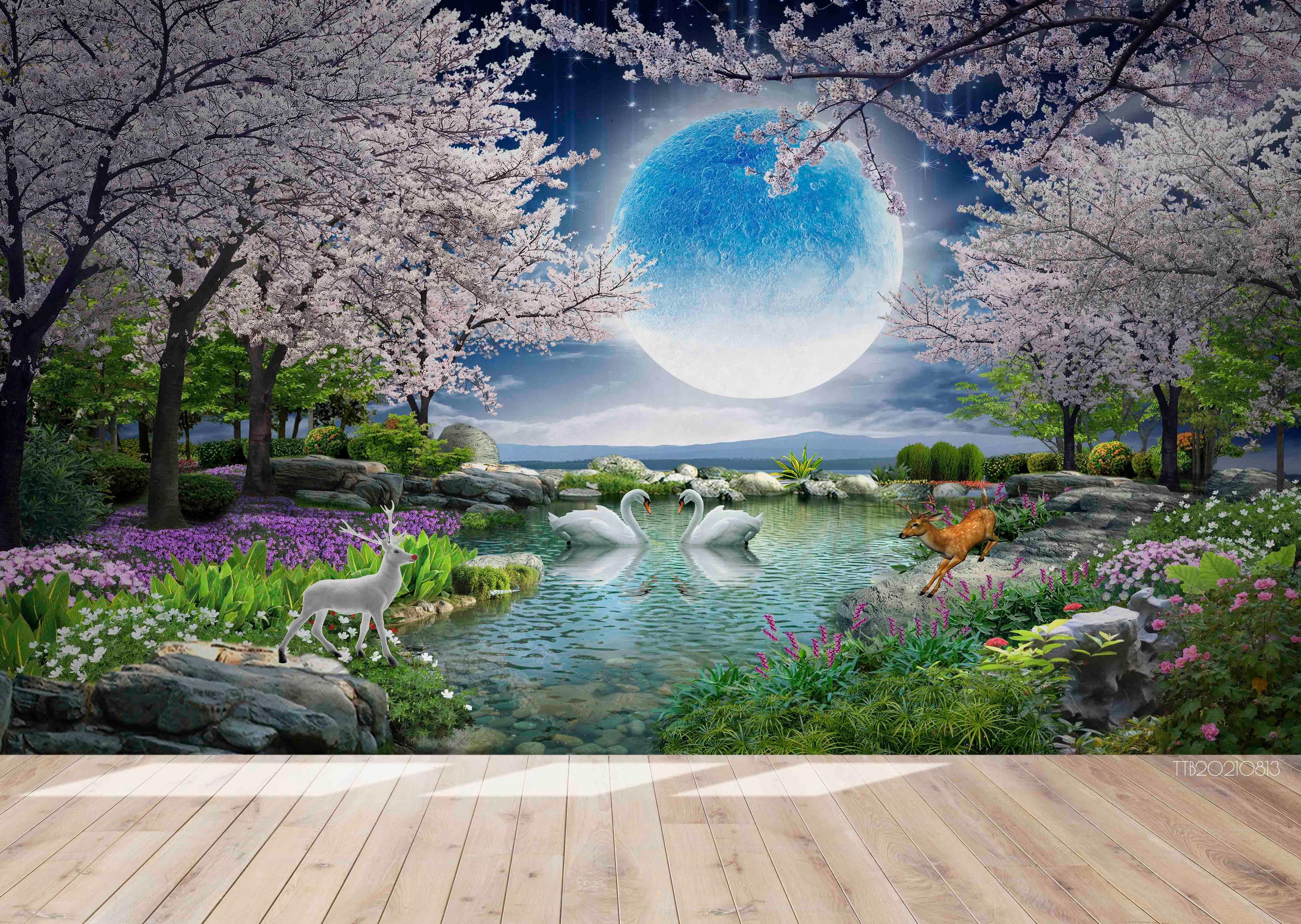 3D Scenery Park Spring Flowering Swan Wall Mural Wallpaper 5140- Jess Art Decoration