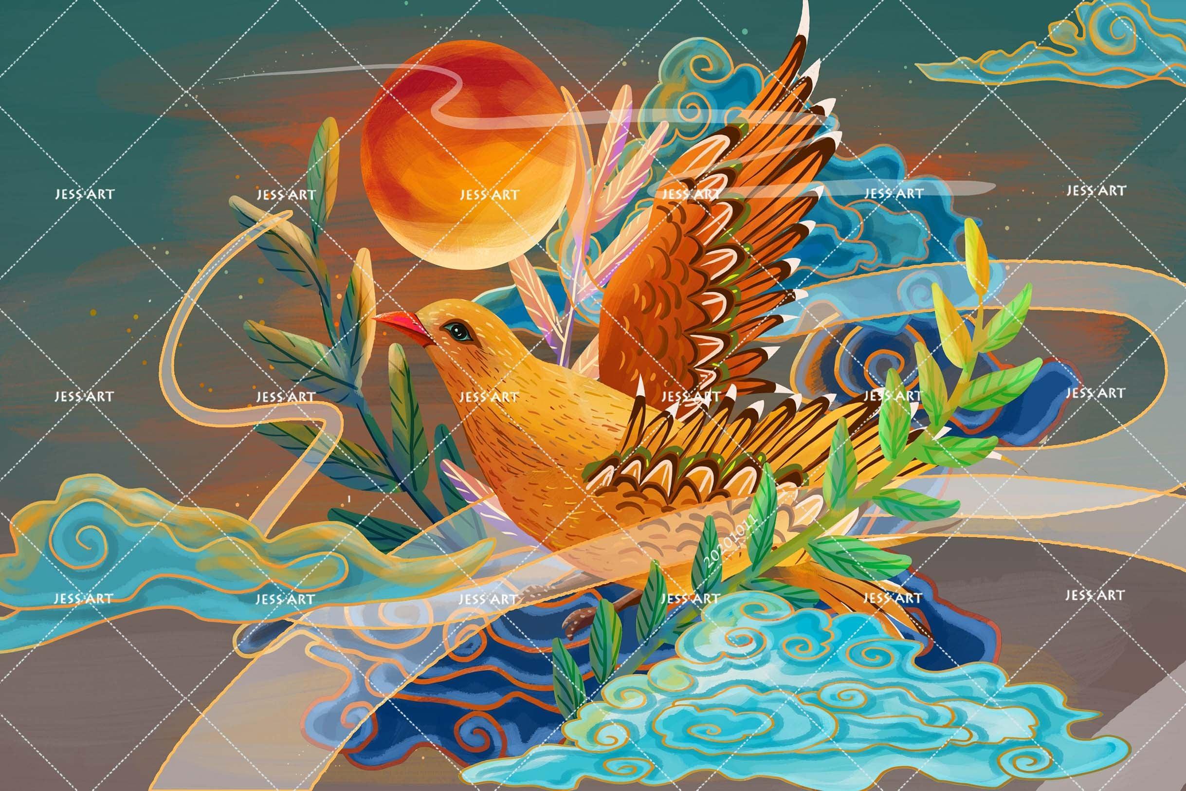 3D Chinese Style Sun Bird Cloud Wall Mural Wallpaper WJ 3348- Jess Art Decoration