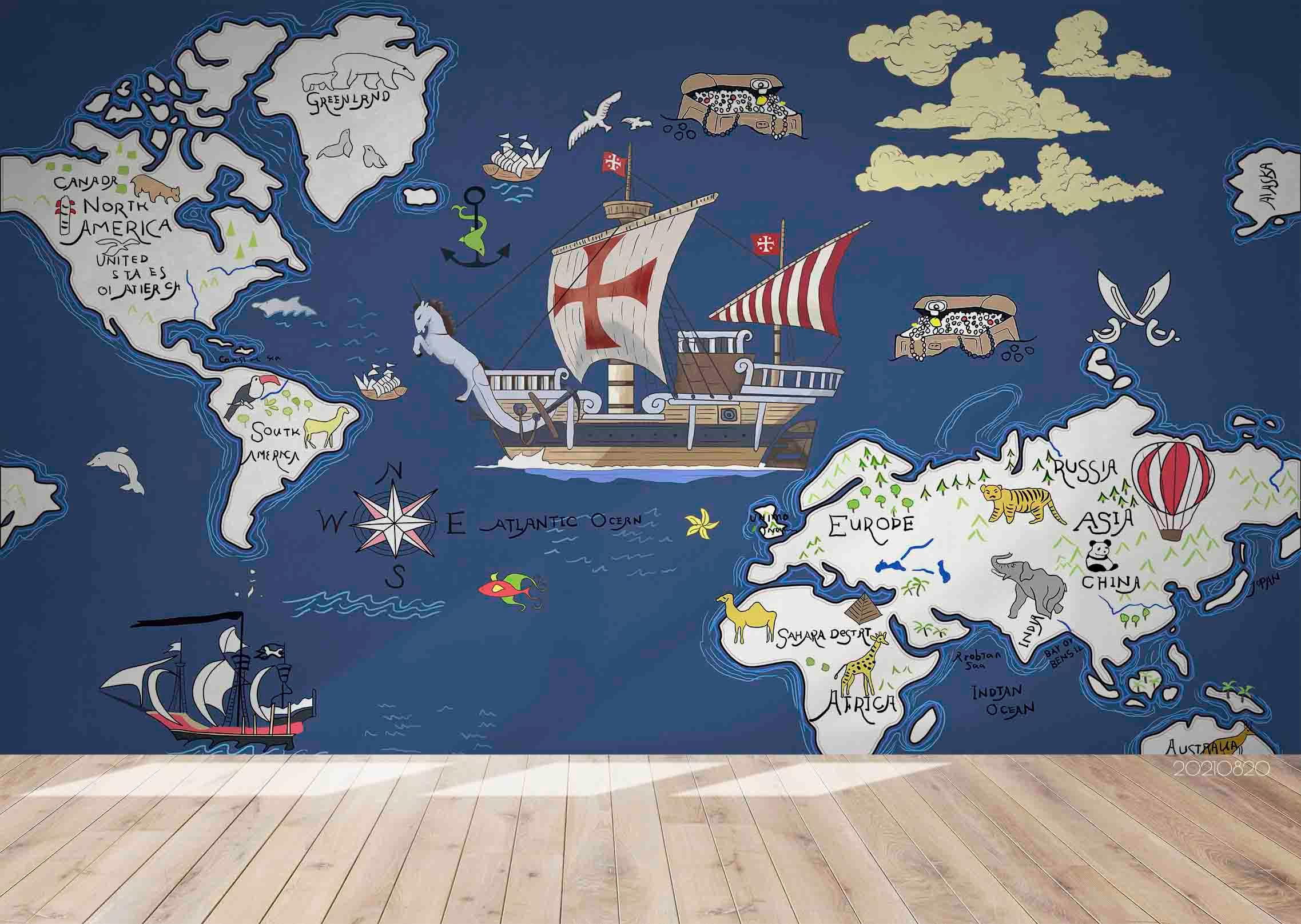 3D Nautical World Map Wall Mural Wallpaper LQH 388- Jess Art Decoration