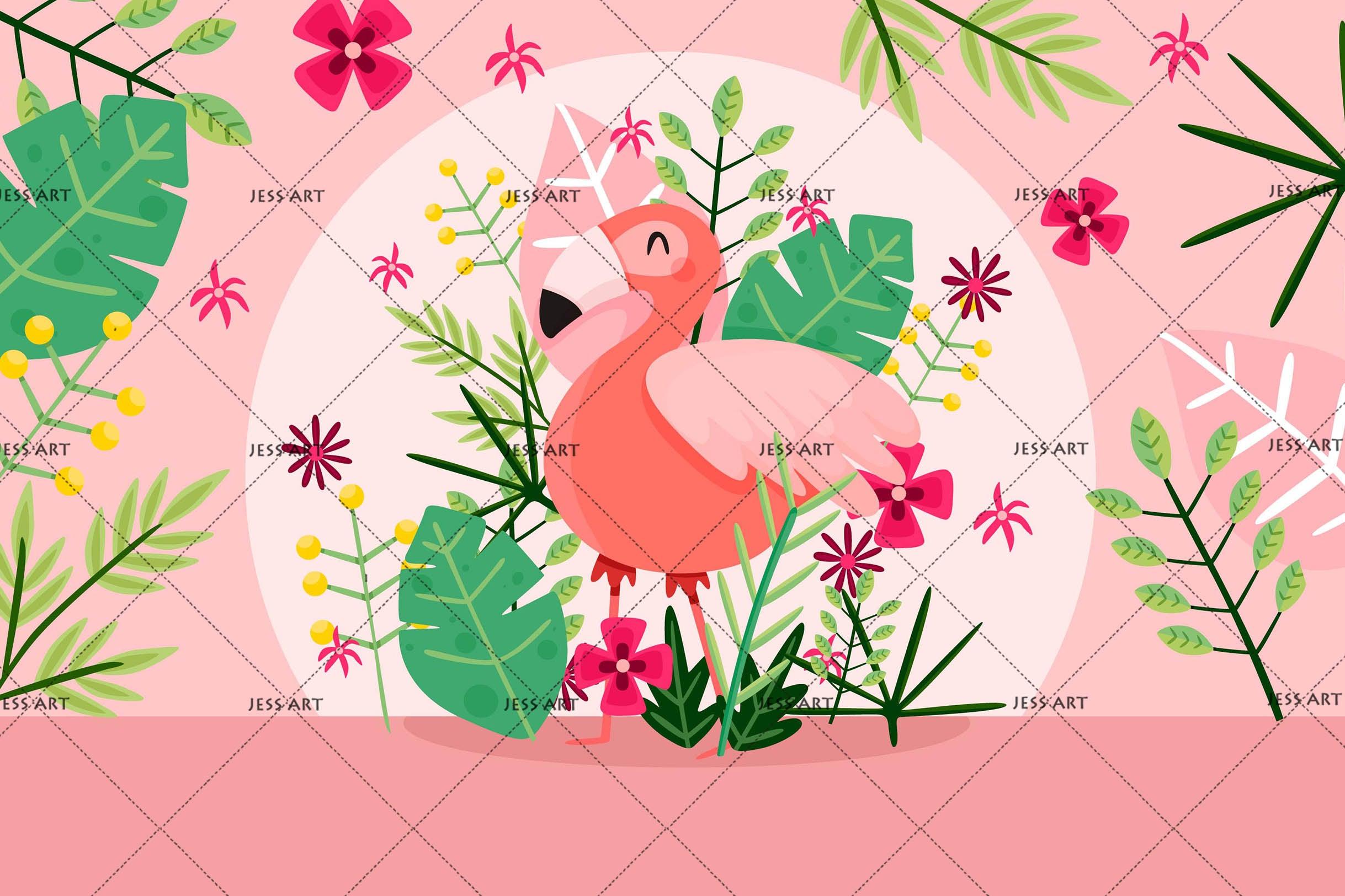 3D Tropical Green Leaves Pink Flamingo Wall Mural Wallpaper 106 LQH- Jess Art Decoration