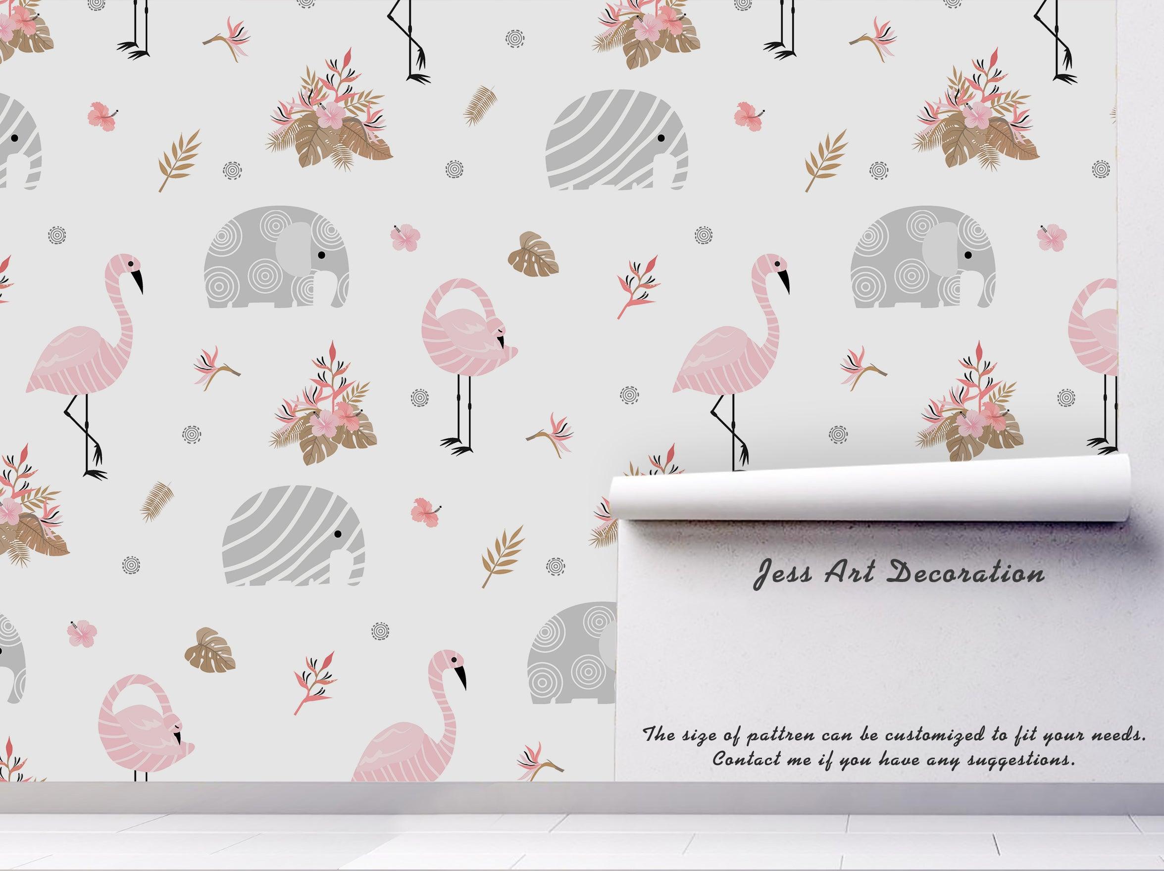 3D Elephant Flamingo Floral Wall Mural Wallpaper 5- Jess Art Decoration