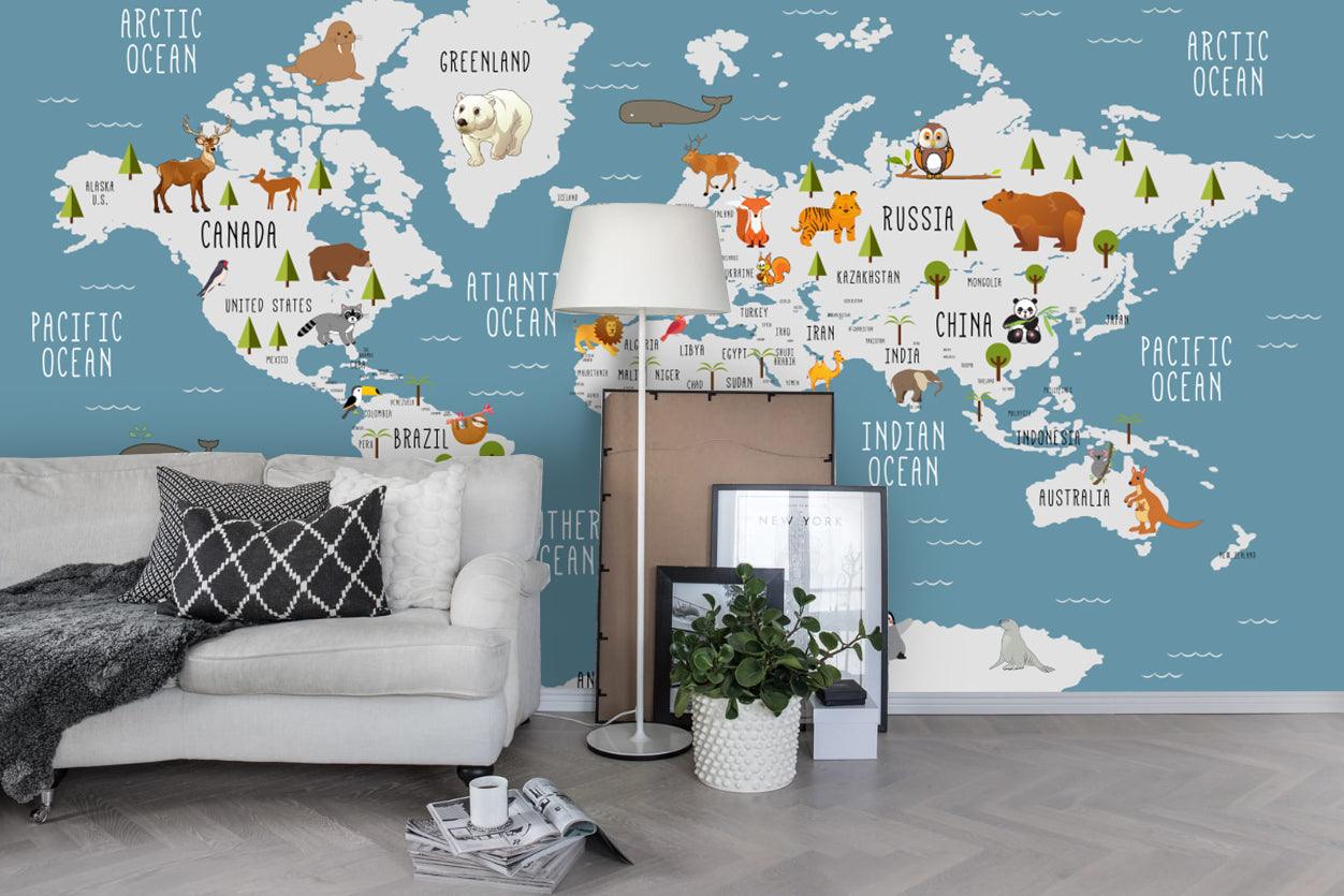 3D Blue World Map Wall Mural Wallpaper LQH 53- Jess Art Decoration