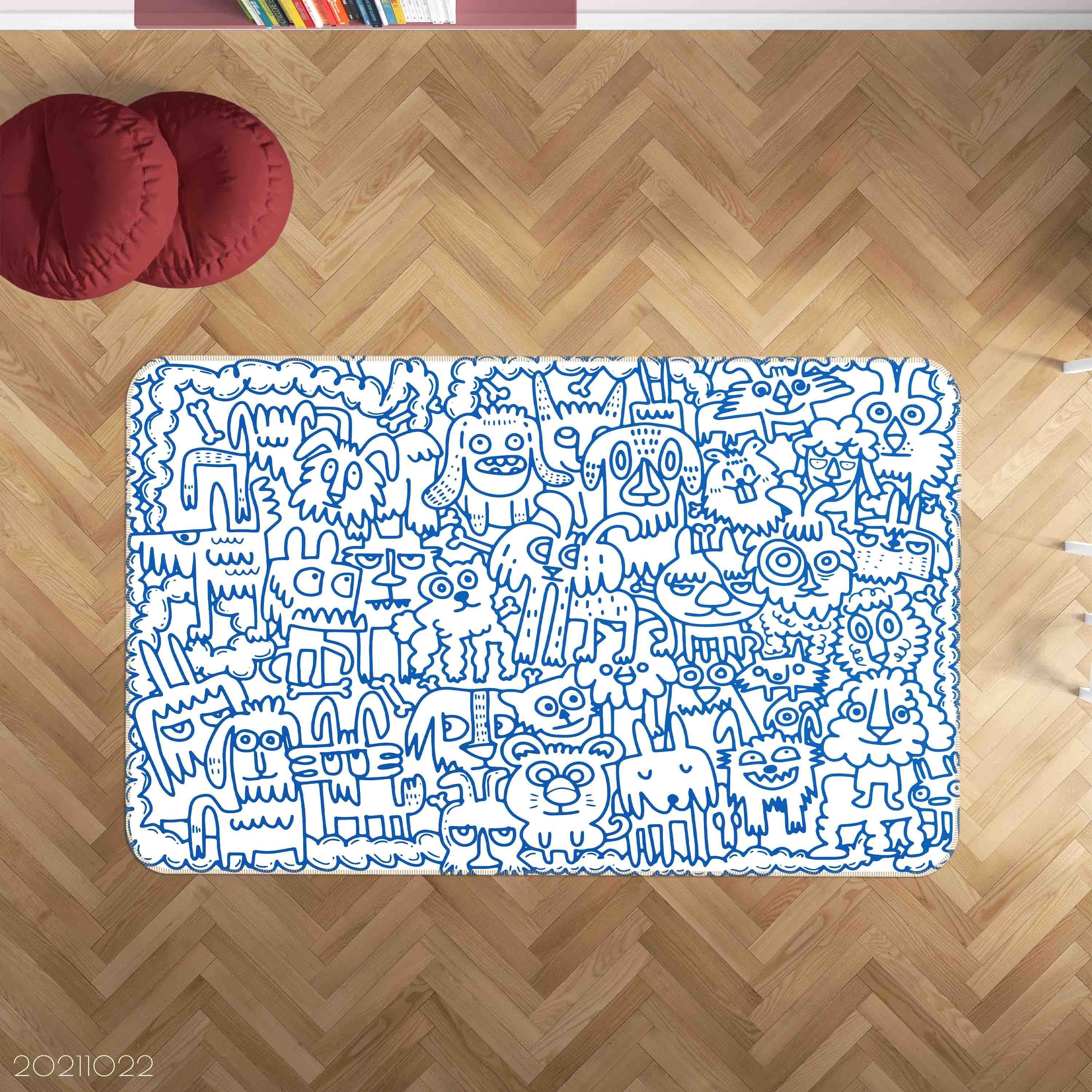 3D Abstract Blue Cute Animal Doodle Non-Slip Rug Mat 36- Jess Art Decoration