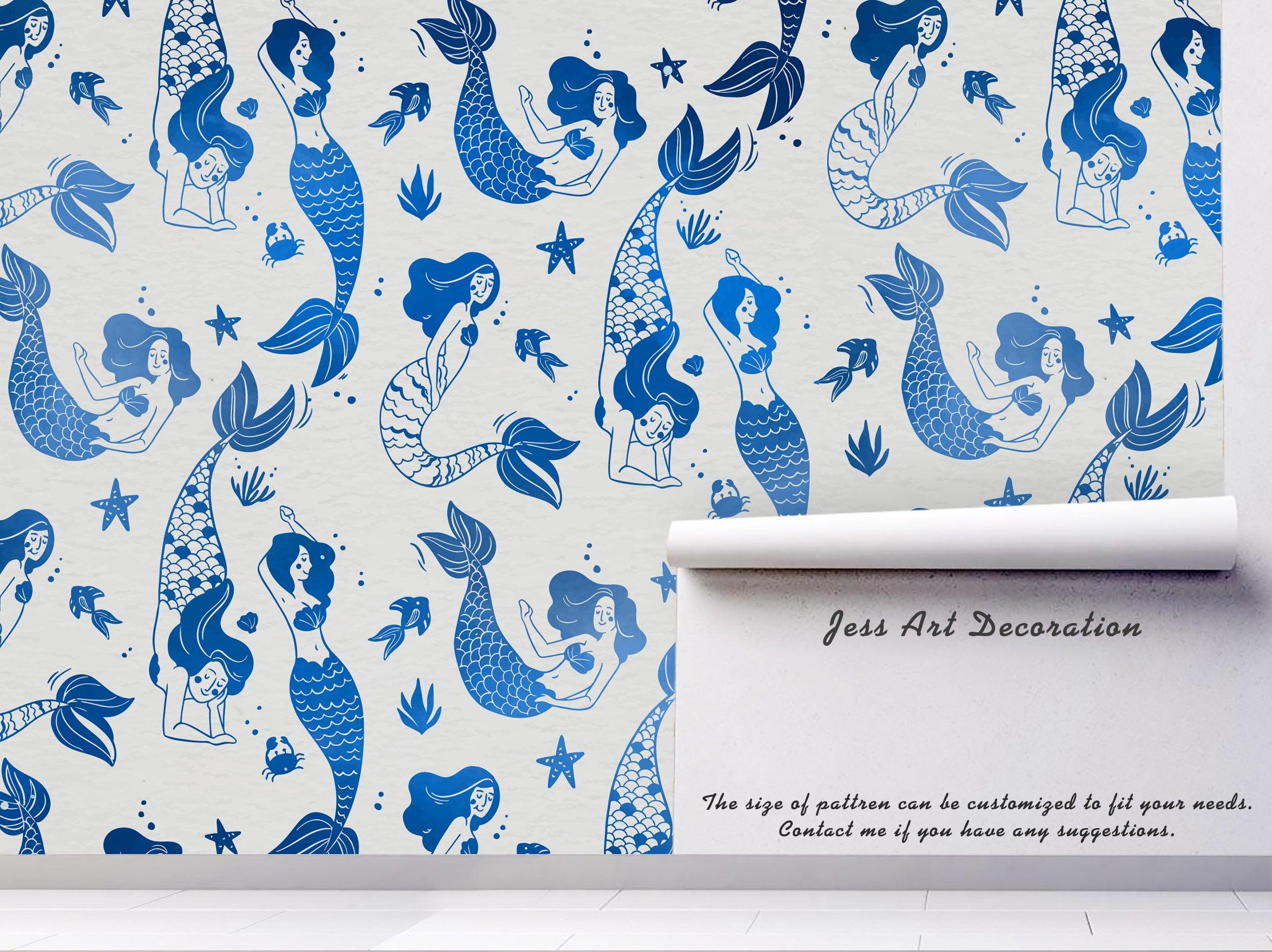 3D Cartoon Blue Mermaid Wall Mural Wallpaper 137- Jess Art Decoration