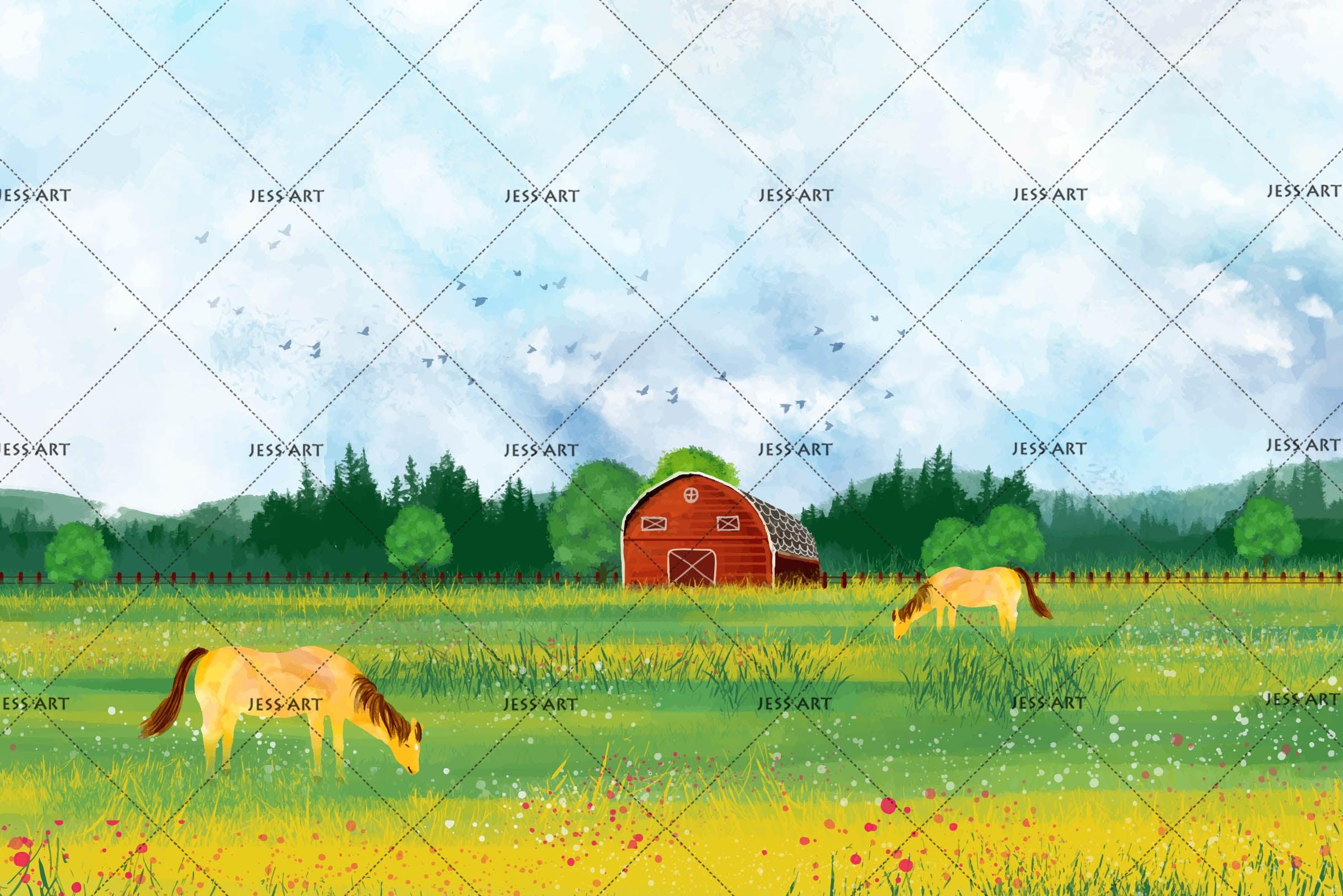 3D Cartoon Beautiful Grassland Animals Horse Green Wall Mural Wallpaper ZY D111- Jess Art Decoration