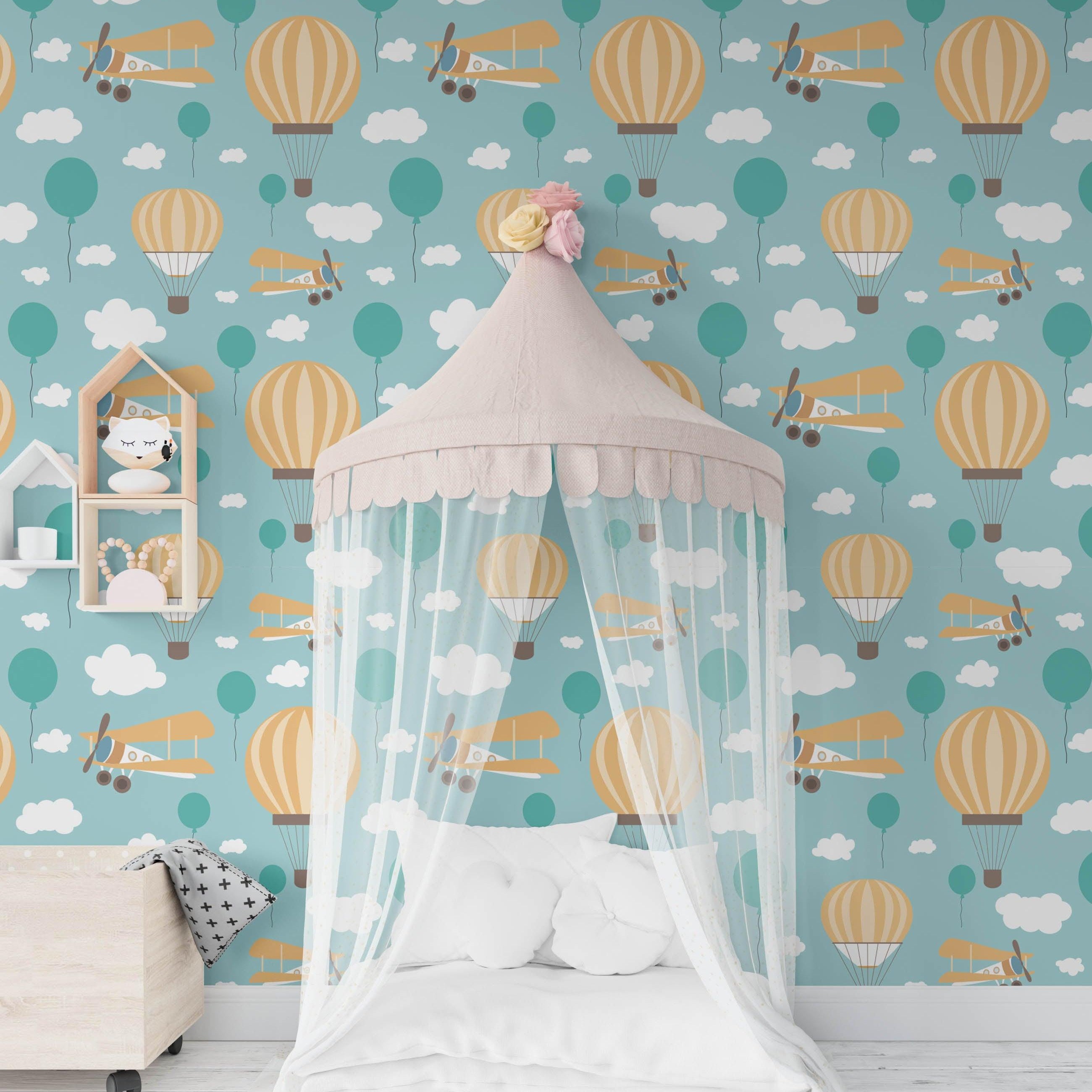 3D Cartoon Balloon Airplane Green Wall Mural Wallpaper 174- Jess Art Decoration