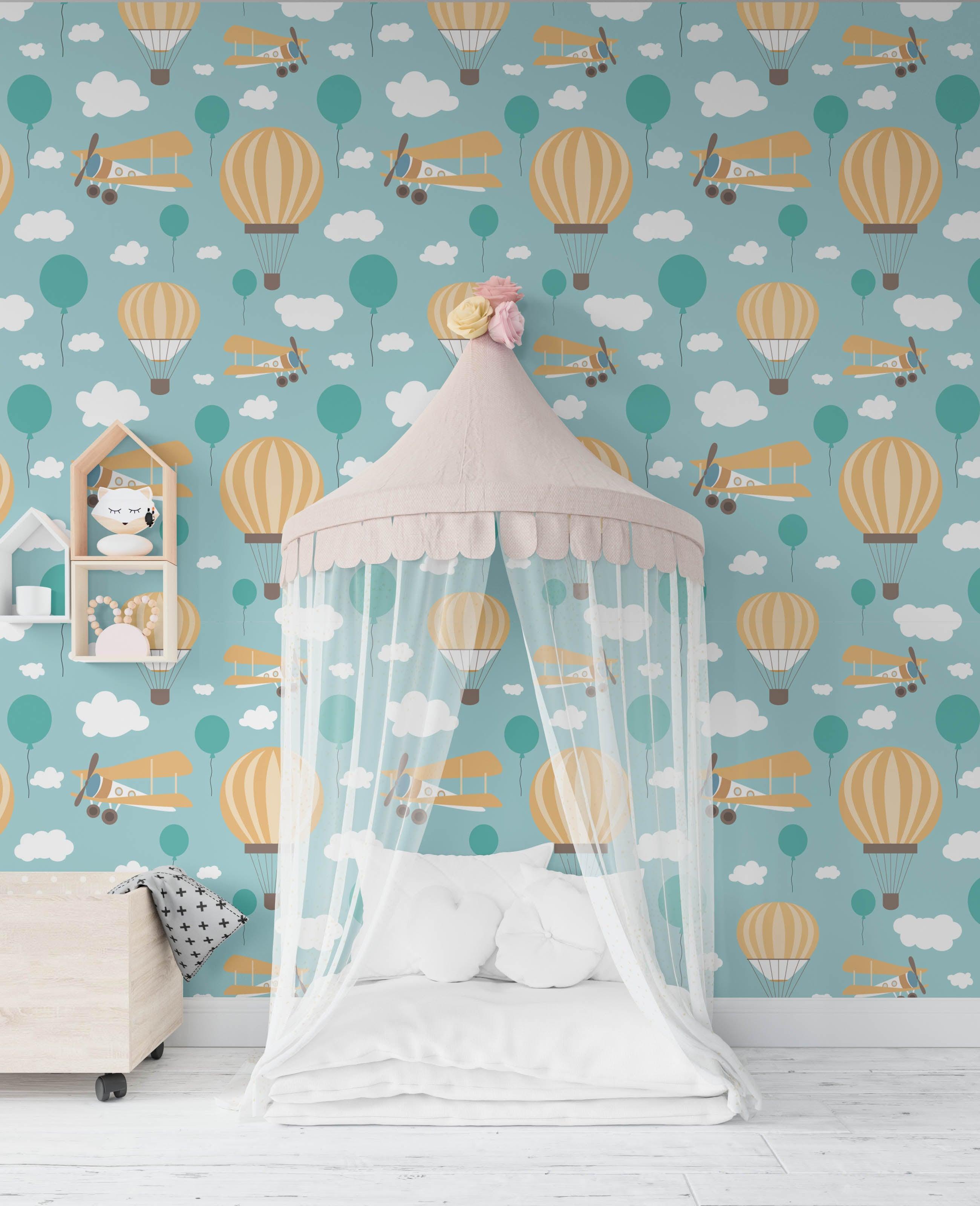 3D Cartoon Balloon Airplane Green Wall Mural Wallpaper 174- Jess Art Decoration