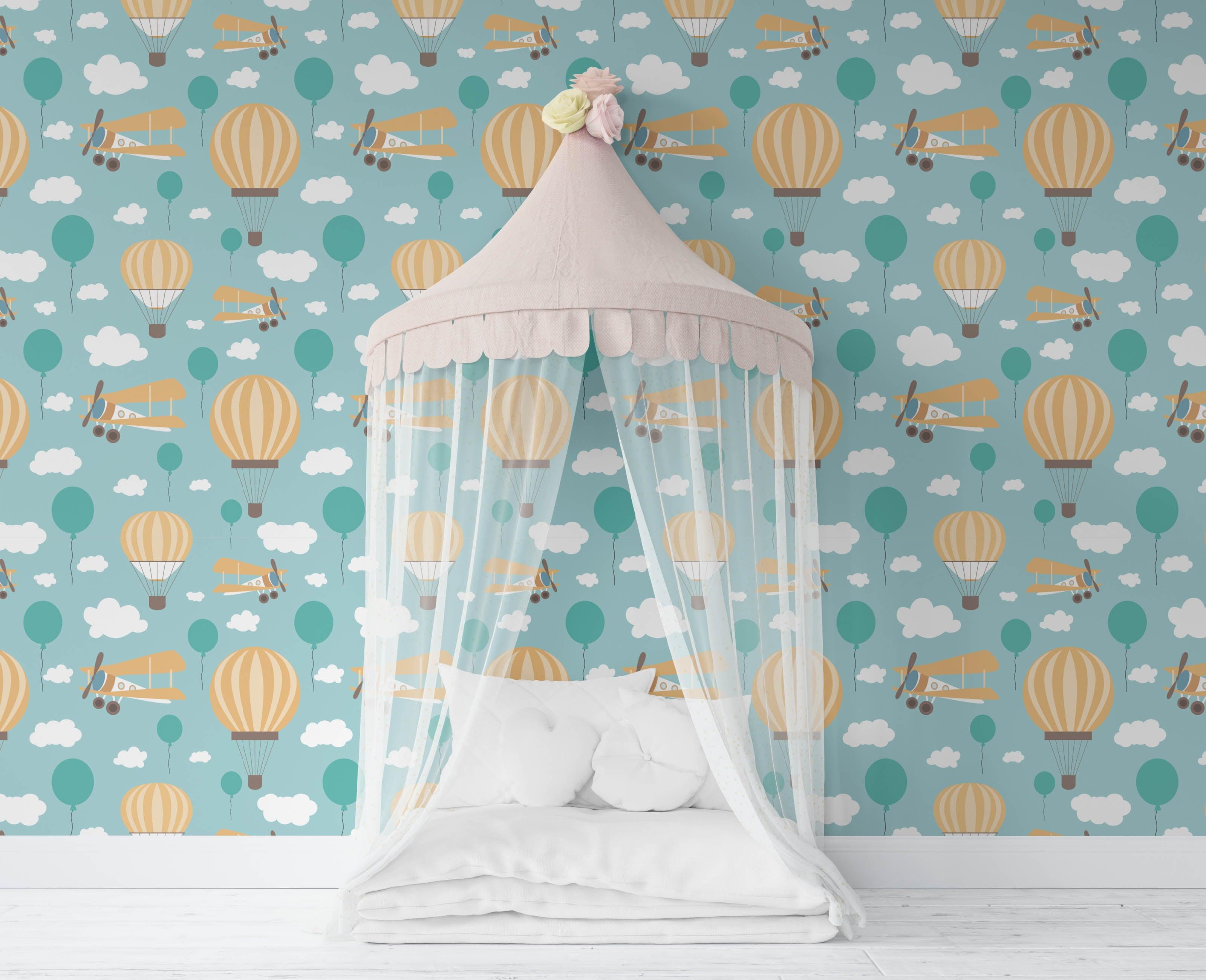 3D Cartoon Balloon Airplane Green Wall Mural Wallpaper 174- Jess Art Decoration