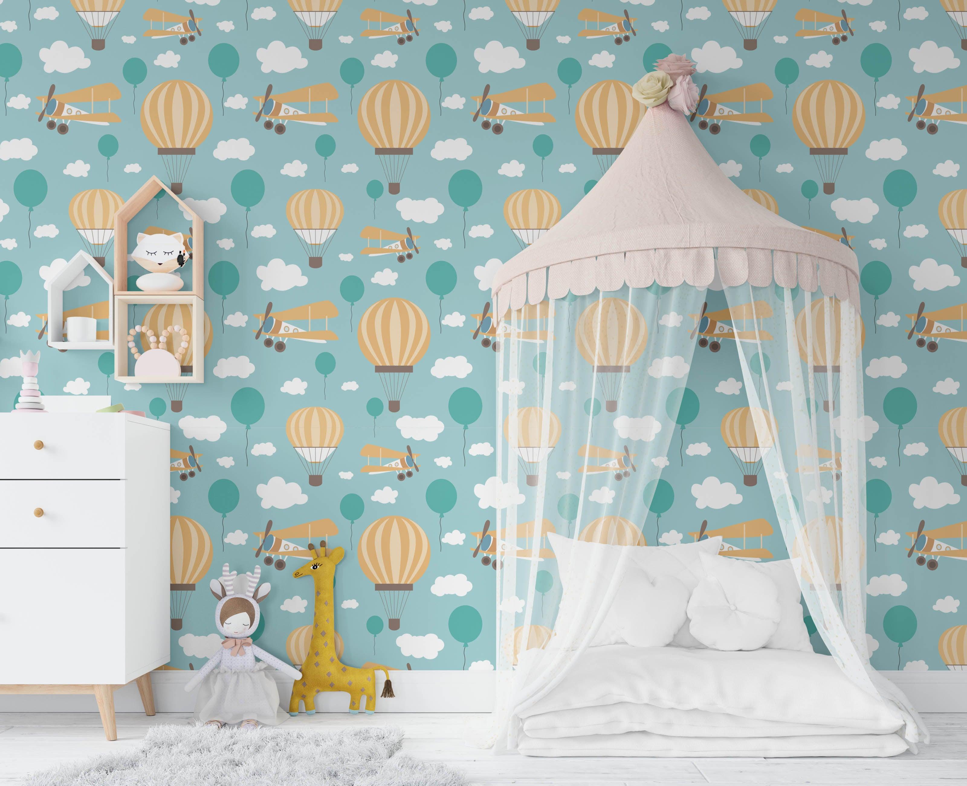 3D Cartoon Balloon Airplane Green Wall Mural Wallpaper 174- Jess Art Decoration