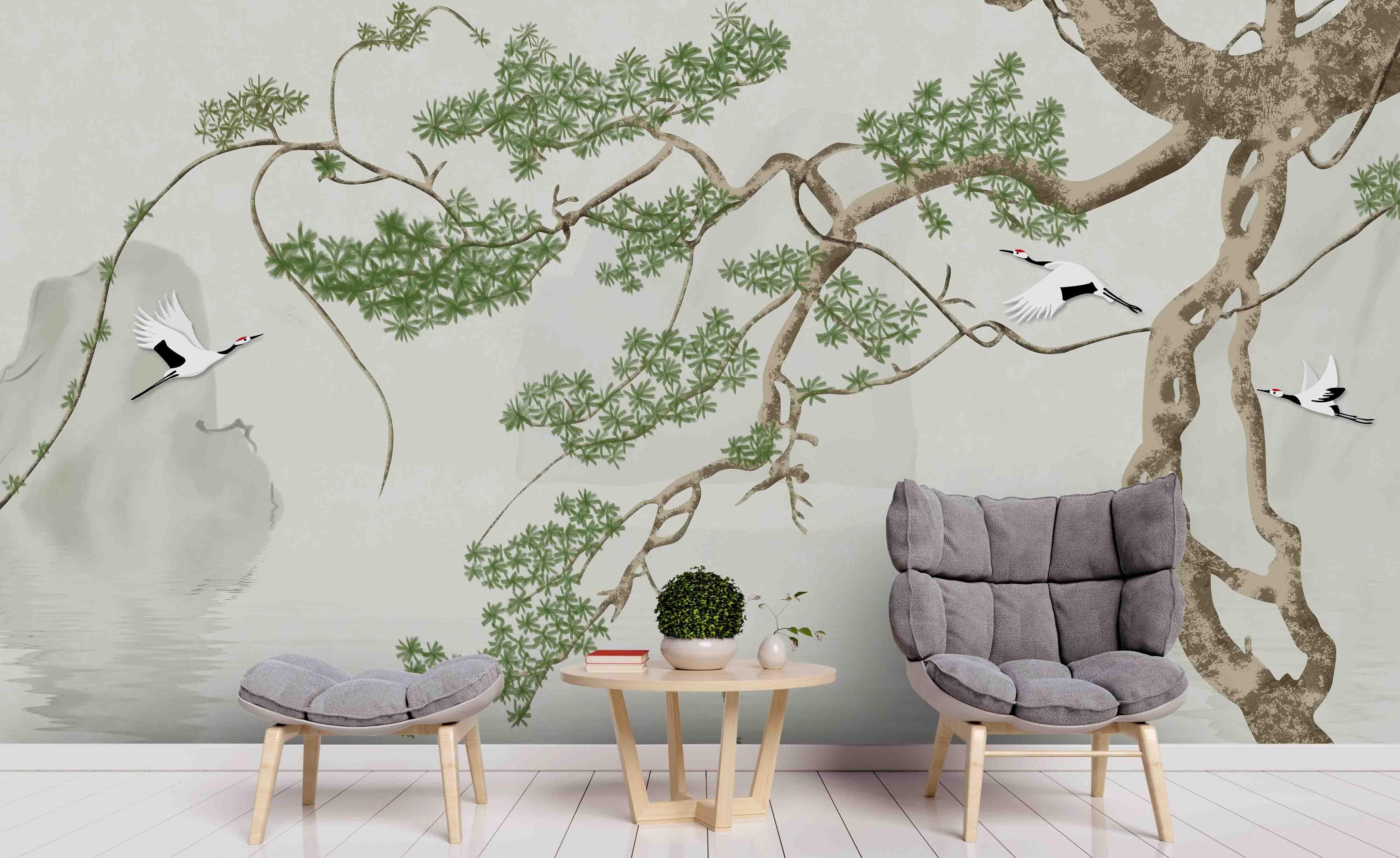 3D White Crane Welcome Pine Wall Mural Wallpaper 224- Jess Art Decoration