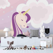 3D Cartoon Unicorn Purple Sky Clouds Wall Mural Wallpaper A029 LQH- Jess Art Decoration