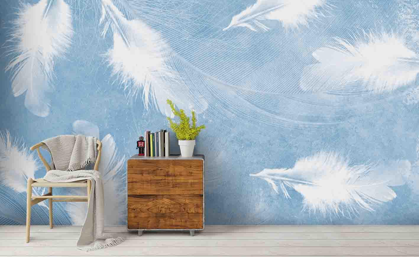 3D White Feathers Blue Wall Mural Wallpaper 85- Jess Art Decoration