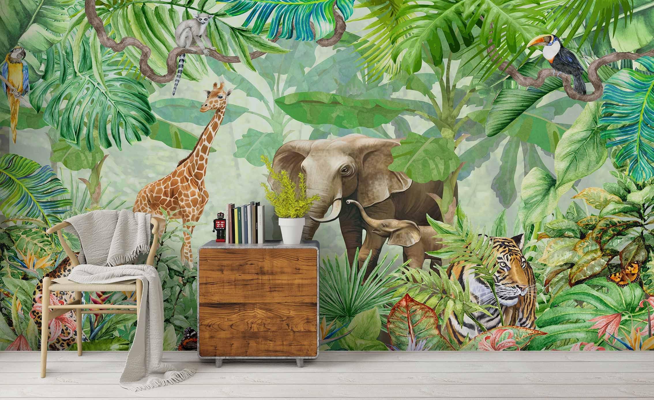 3D Green Forest Animals Wall Mural Wallpaper 03- Jess Art Decoration