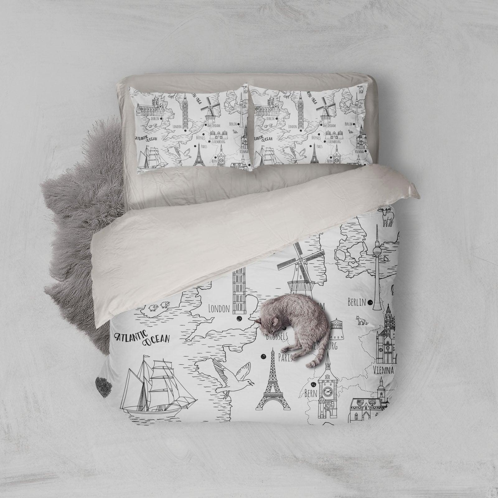 3D Eiffel Tower Big Ben Sailboat Map Quilt Cover Set Bedding Set Pillowcases 142- Jess Art Decoration