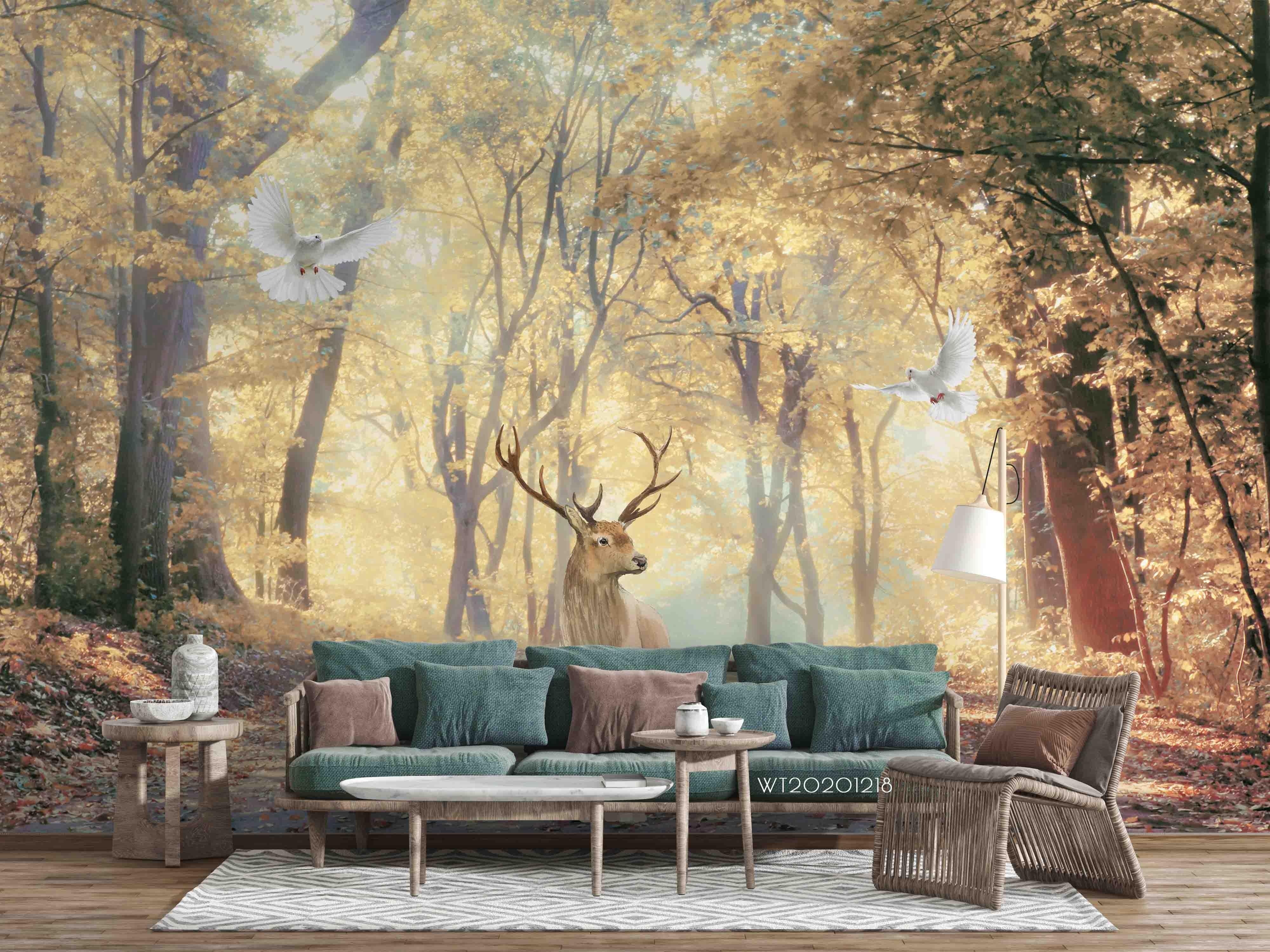 3D Natural Scenery Golden Leaf Forest Elk Pigeon Road Wall Mural Wallpaper GD 1765- Jess Art Decoration
