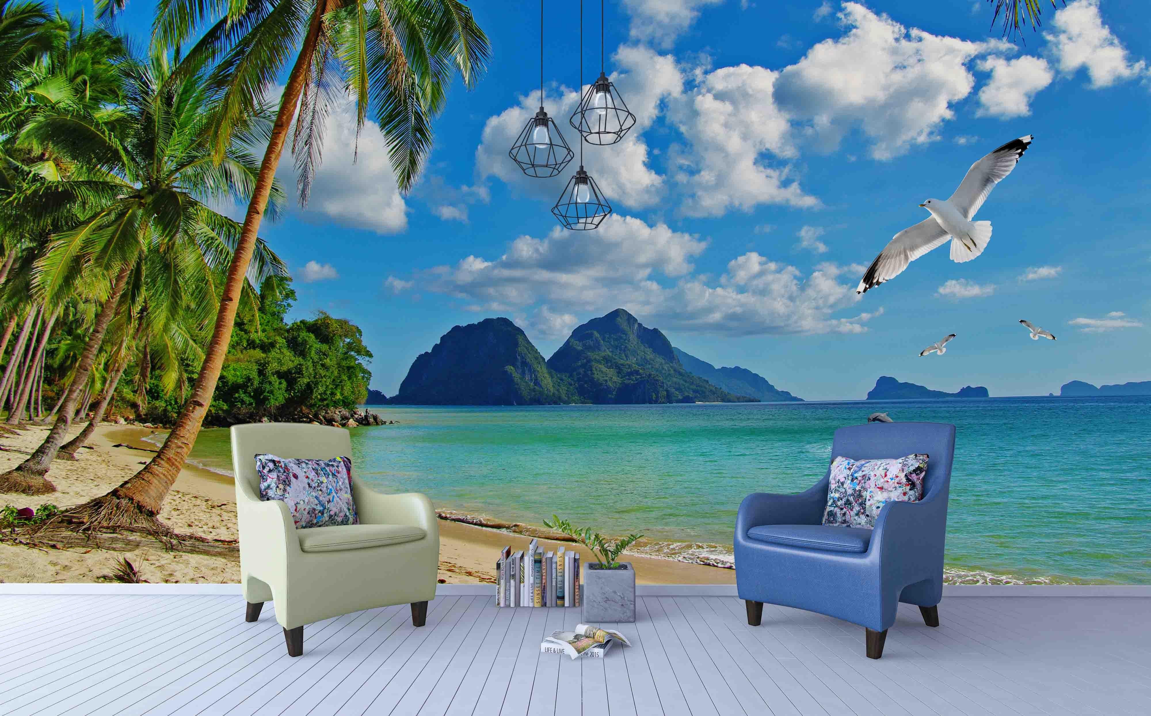3D Natural Landscape Beach Seagull Seaside Coconut Tree Wall Mural Wallpaper GD 1949- Jess Art Decoration