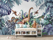 3D Dinosaur Jungle hand drawn dinosaur jungle scene wall mural wallpaper for kids room - view 3