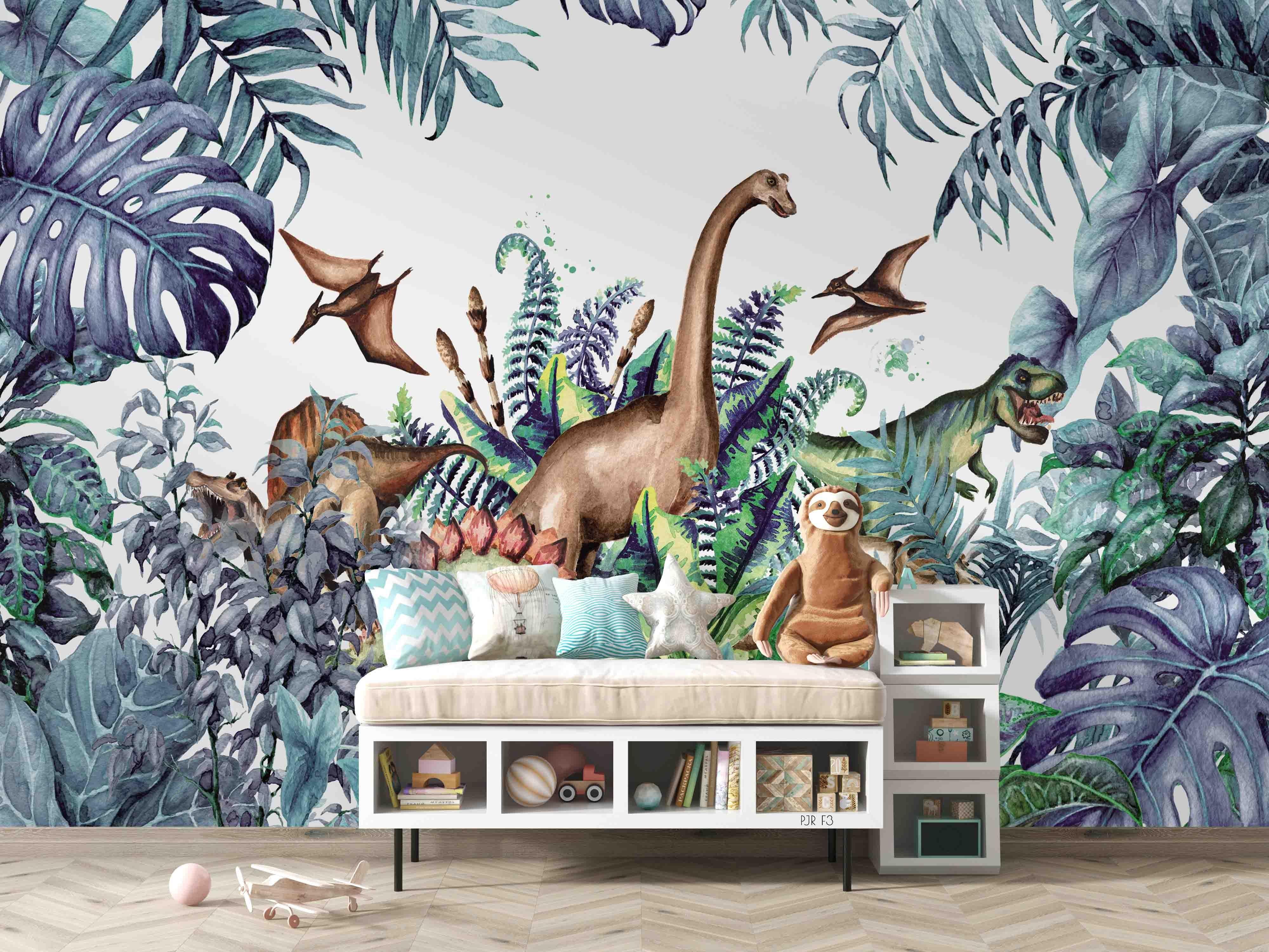 3D Dinosaur Jungle hand drawn dinosaur jungle scene wall mural wallpaper for kids room - view 3